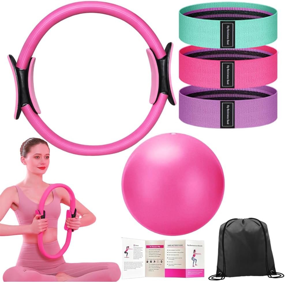 Pilates Ring Set with 14-Inch Magic Circle, Exercise Ball & 6 Resistance Bands – Complete Home Workout Equipment for Core Strength, Toning and Flexibility – Ideal Fitness Gift for Women and Men