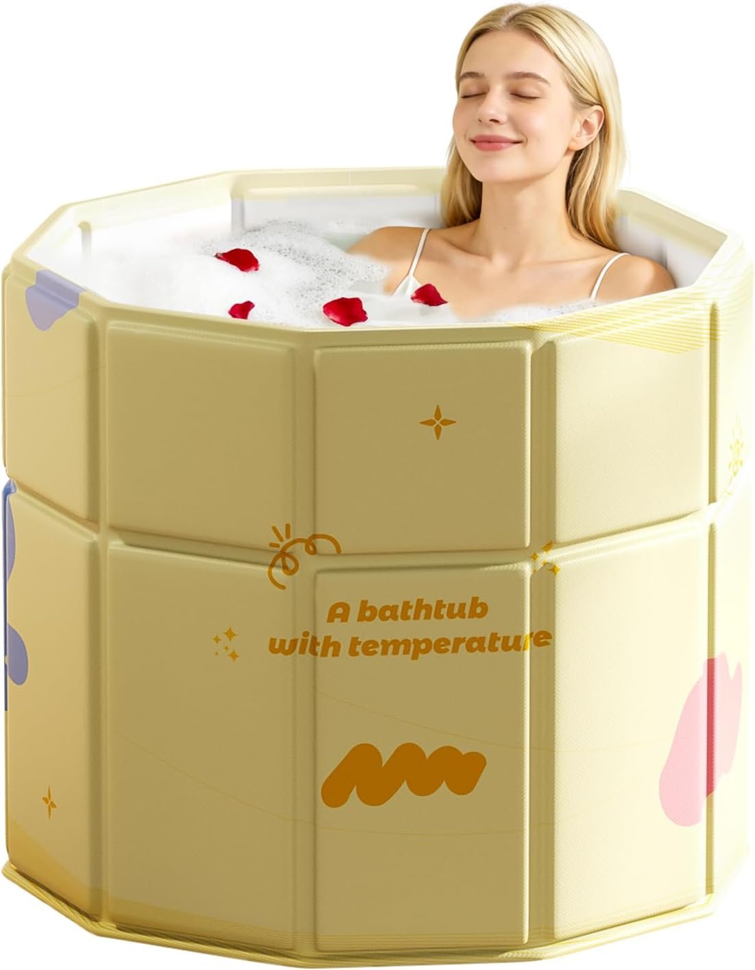 Portable Bathtub, Hot Ice Bath Tub Inflation-free, Shower Bathroom SPA Soaking Tub, Collapsible Bathtub No Installation for Home & Outdoor (Warm Yellow, 27.55″L x 27.55″W x 27.55″H)
