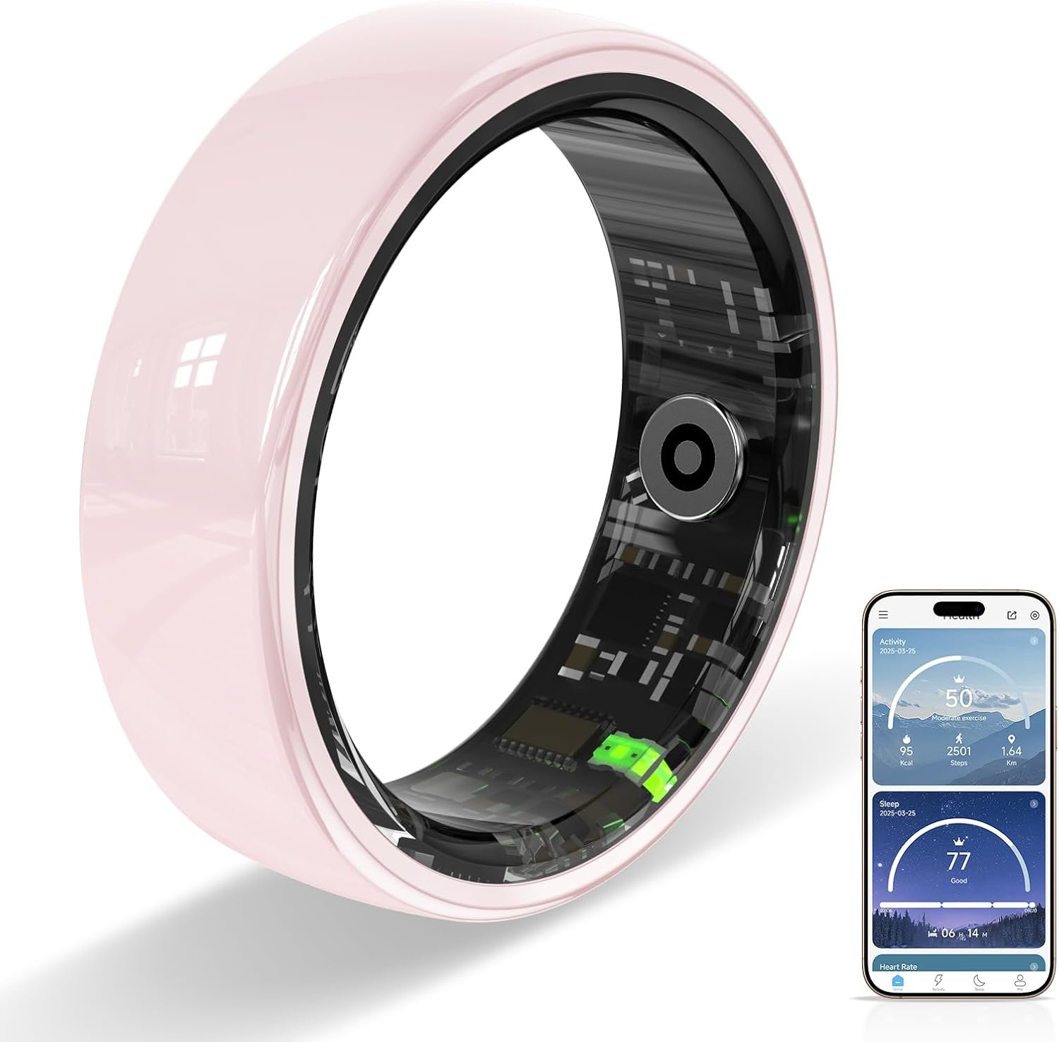 Ceramic Ring,Smart Ring for Women, Auto Exercise Recognition,Gesture Control,Fitness Tracker with Heart Rate Monitor,Sleep Tracking, Step Counter, for iOS & Android (Pink, 9)