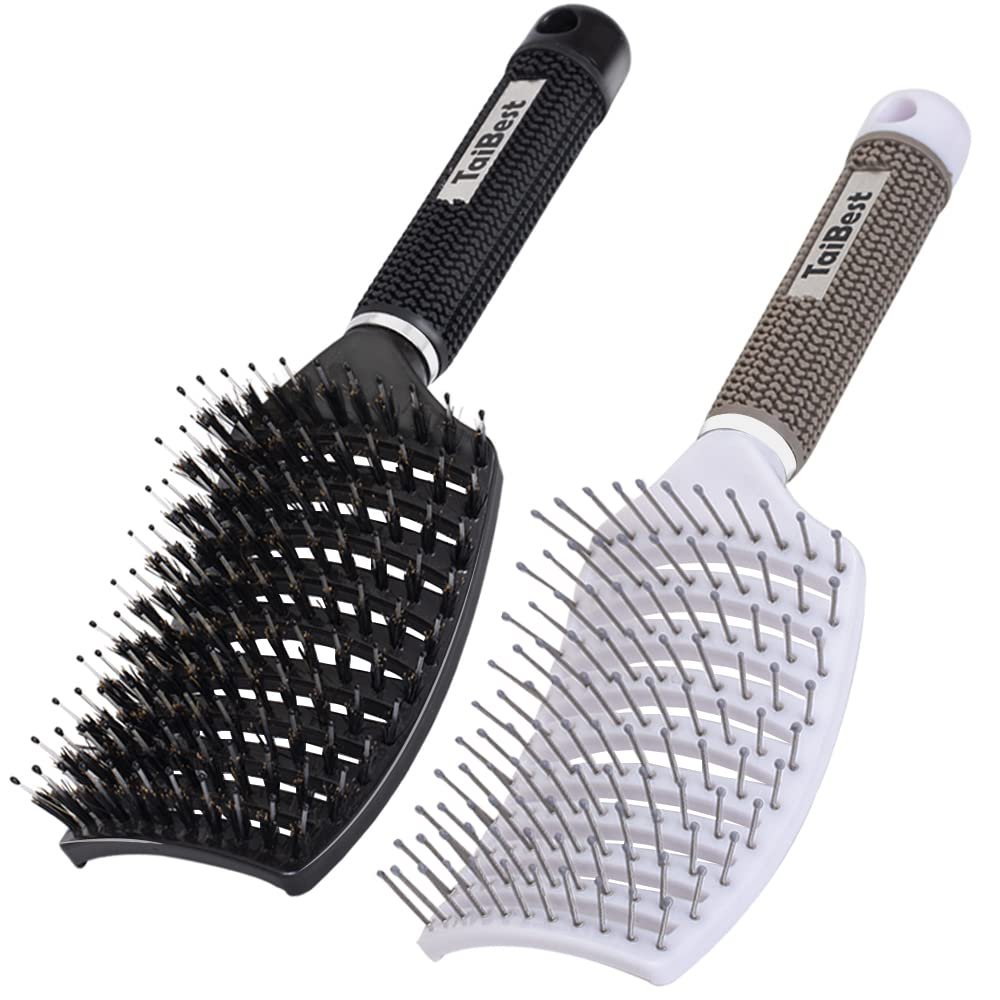 Boar Bristle Hair Brush Set – Dry/Wet Hair Brushes Detangler for Fine, Thick, Curly Hair – Curved and Vented Hair Brush for Women, Men or Kids