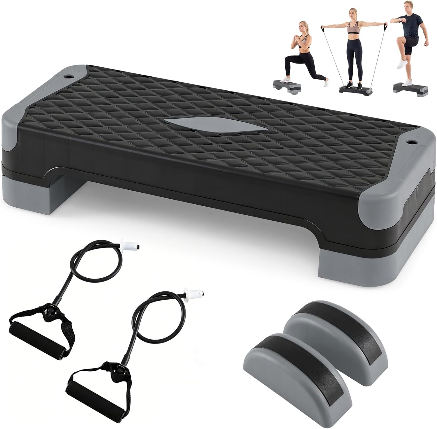 Goplus 3-in-1 Aerobic Step Platform, 600 LBS Adjustable Exercise Stepper with 4-Level Risers, Balance Trainers, Resistance Band, Non-Slip Workout Stepper for Home Gym, Cardio, Strength Training