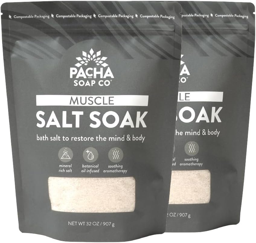 Pacha Soap Co. Muscle Salt Bath Soak – Epsom Salt with Arnica, Calendula, and Peppermint, Handcrafted Bath Salts Made in The USA for Muscle Relief, Recovery & Relaxation, 2-Pack (64 oz. Total)
