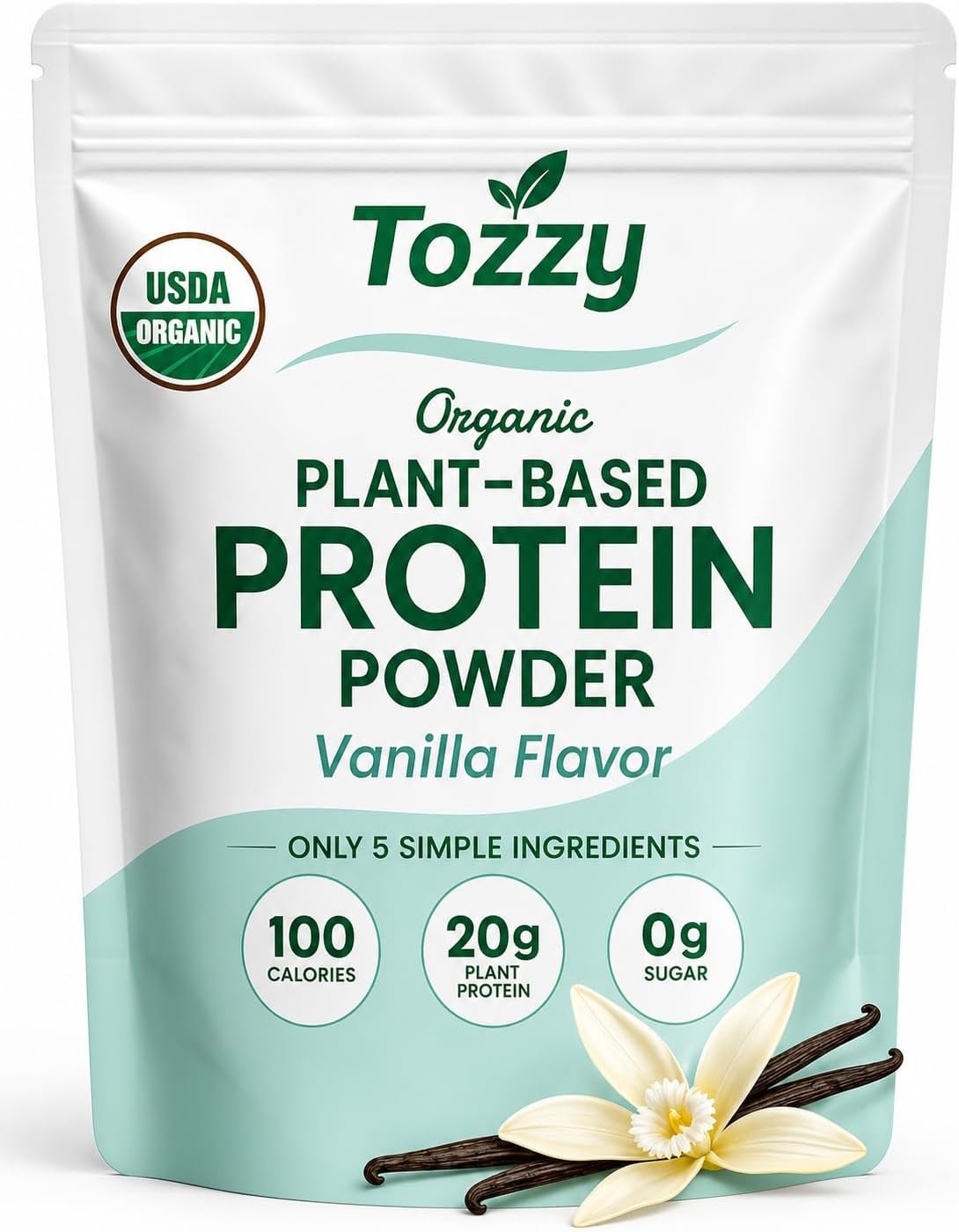 TOZZY Organic Vegan Protein Powder, Vanilla | 35 Servings | 20g Plant-Based Pea Protein | 5 Simple Ingredients | 0g Sugar | Keto | Gluten- & Dairy-Free (2.25 lb)