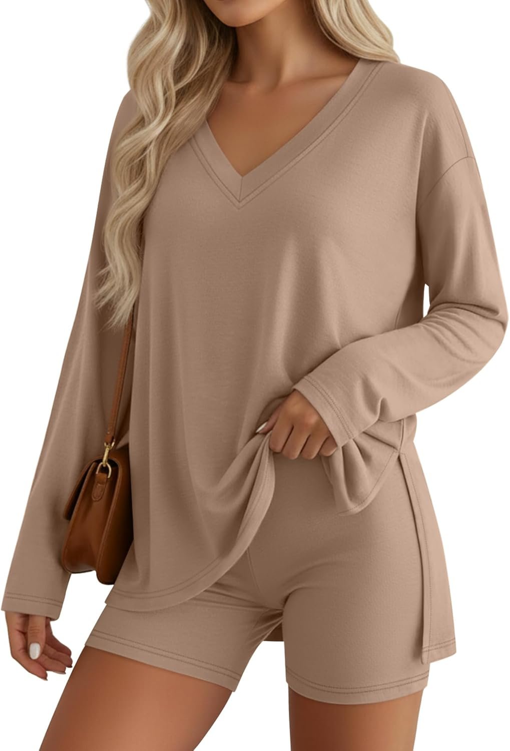 Women’s 2 Piece Lounge Sets Oversized V Neck Pajamas Long Sleeve Workout Biker Shorts Side Split Tops Fall