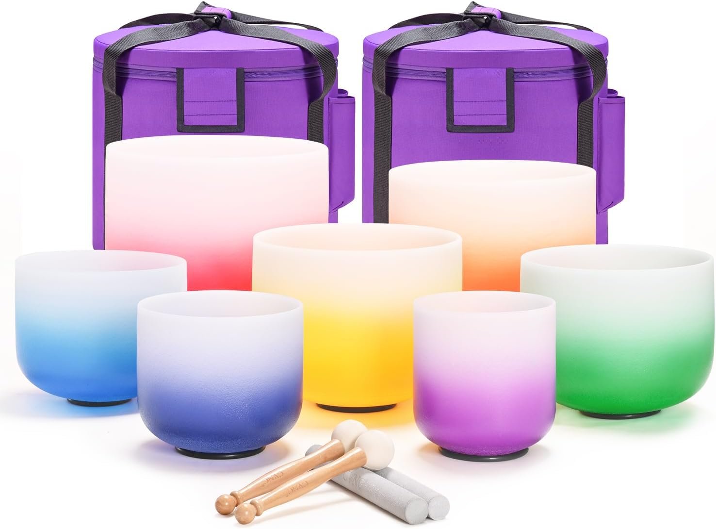 CVNC 432HZ 6-12 Inch Set of 7 PCS Aria Gradient Design Frosted Quartz Crystal Singing Bowls with 2 PCS Carry Case Bag for Sound Healing and Therapy Meditation