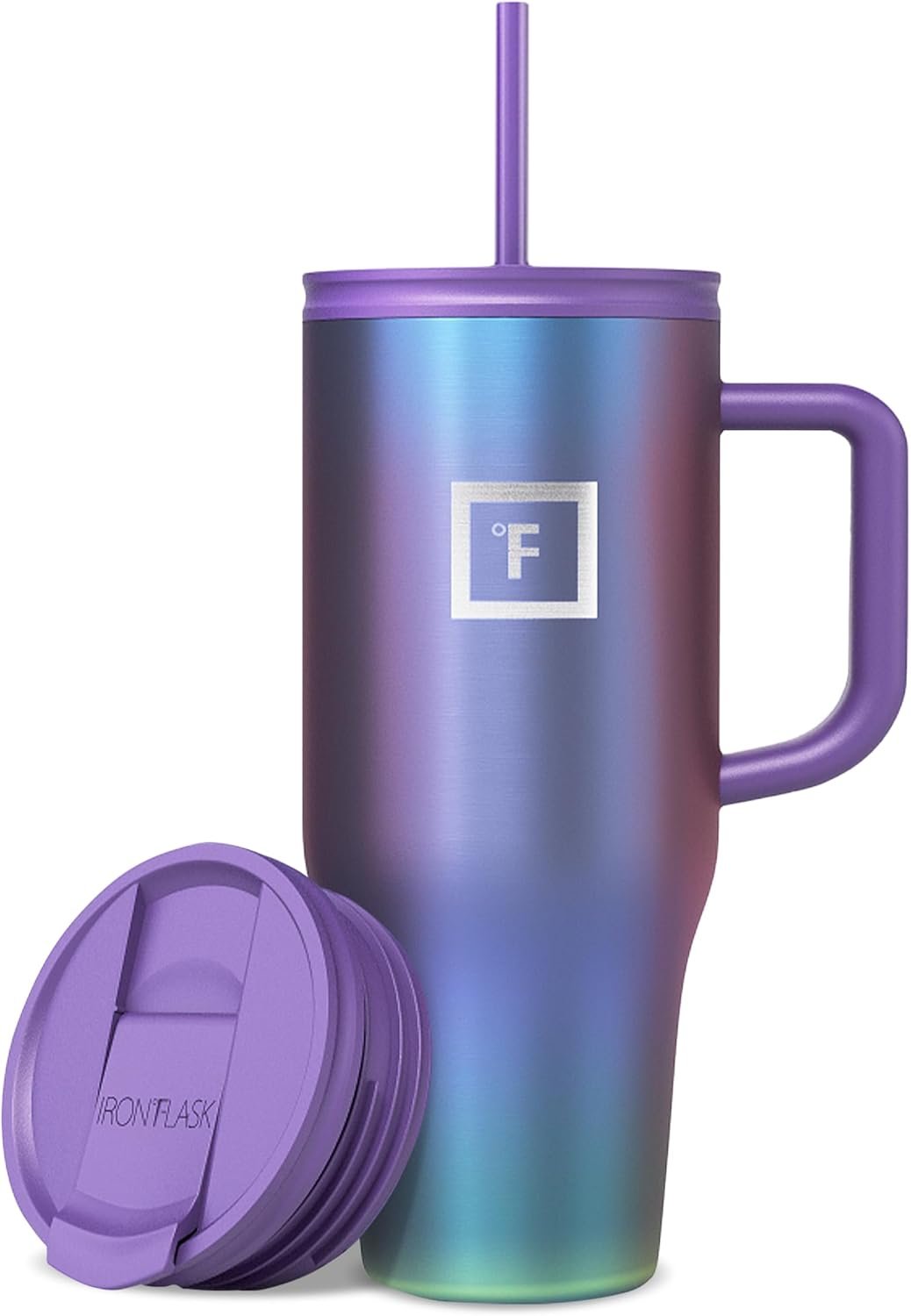 IRON °FLASK Co-Pilot Insulated Mug w/Straw & Flip Cap Lids – Cup Holder Bottle for Hot, Cold Drink – Leak-Proof – Water, Coffee Portable Travel Mug – Aurora, 32 Oz