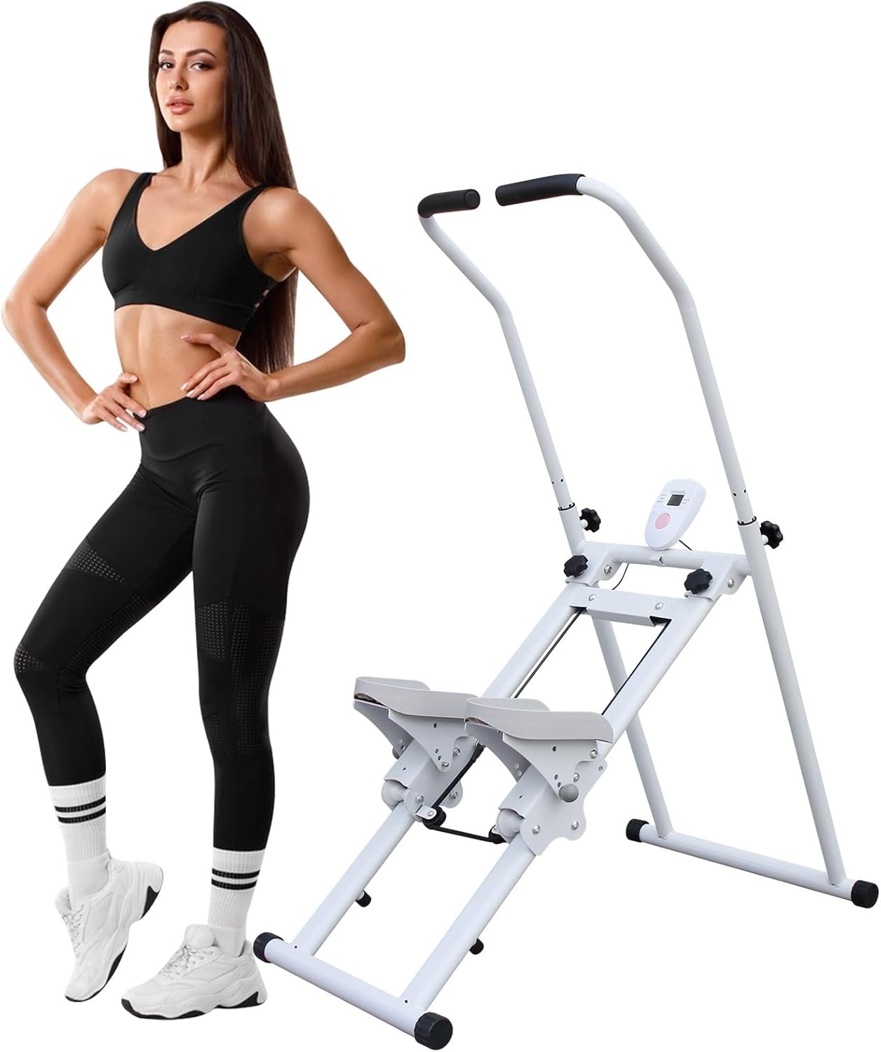 Folding Stair Stepper with Handlebar, 300 lbs Capacity Vertical Climber Exercise Machine for Home Full Body Workout, Adjustable Height Cardio Equipment with LCD Display for Women & Men