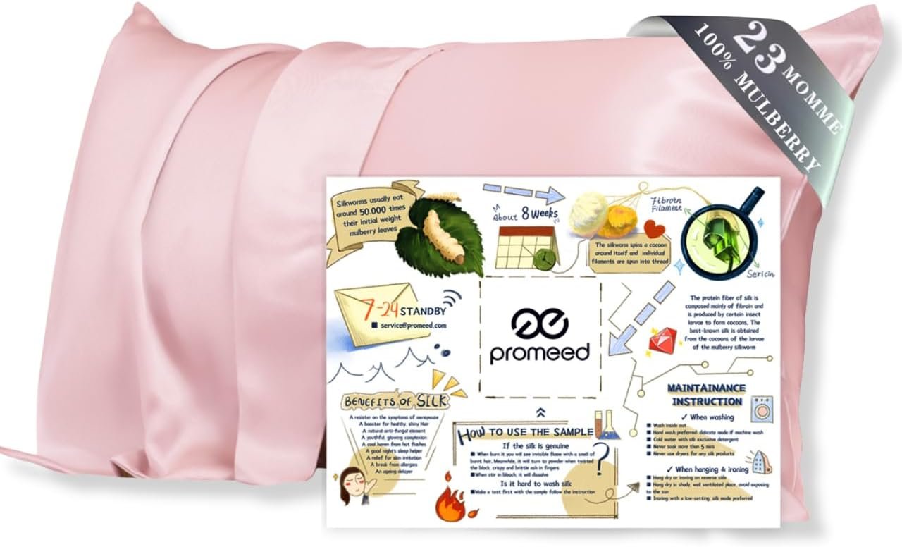PROMEED 23 Momme 6A+ Mulberry Silk Pillowcase with Zipper, Premium Real Silk Pillow Cases for Women Hair, Natural Silk Anti Acne Pillowcase (Standard 20″x26″, Pink)