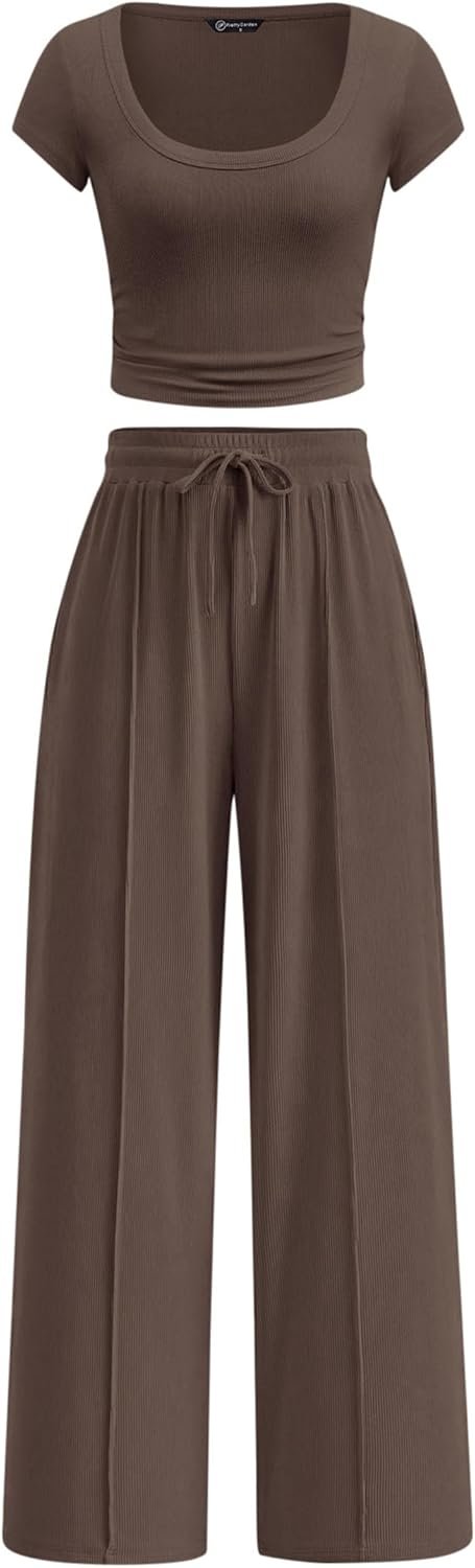 PRETTYGARDEN Women’s 2 Piece Matching Lounge Sets Ribbed Short Sleeve Crop Tops Wide Leg Pants 2026 Summer Airport Outfits