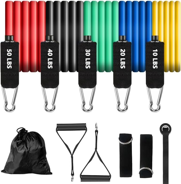Resistance Bands Set, Exercise Bands, Workout Bands with Handles for Men and Women, Ankle Straps, Door Anchor and Carry Bag – Home and Gym Strength Training