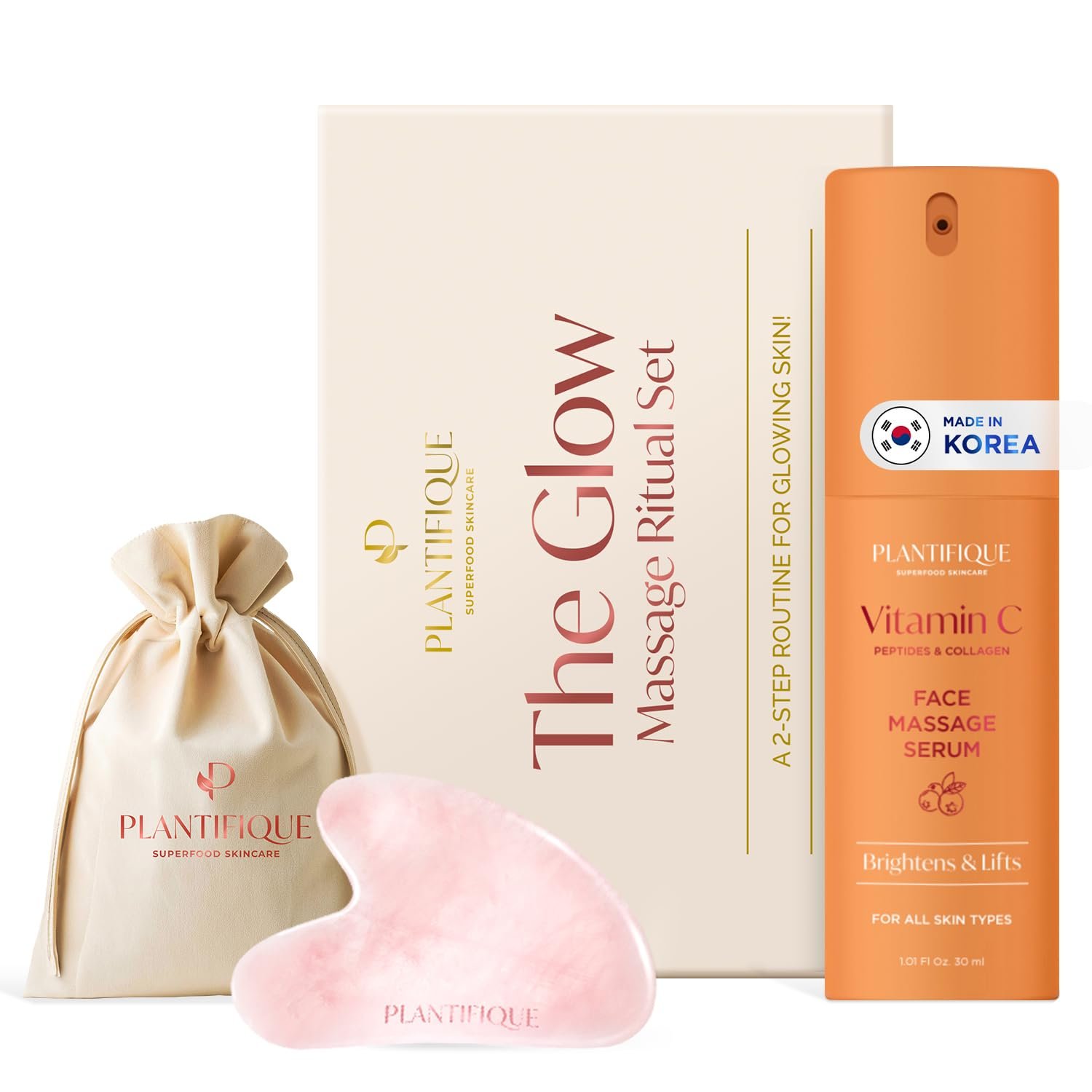 PLANTIFIQUE Massage Set: Rose Quartz Gua Sha & Vitamin C Face Serum Korean with Collagen and Peptides for Hydrated & Glowing Skin (30ml) – Skincare Gifts for Women, Moms, Teens