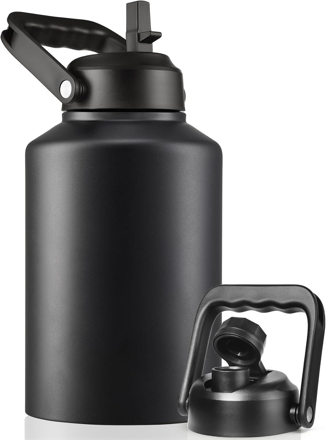 EALGRO Insulated Gallon Water Bottle Jug with Straw, 128 oz Large Stainless Steel Sports Metal Water Canteen With Handle, Thermal Water Cup Mug with 2 Lids, Midnight Black