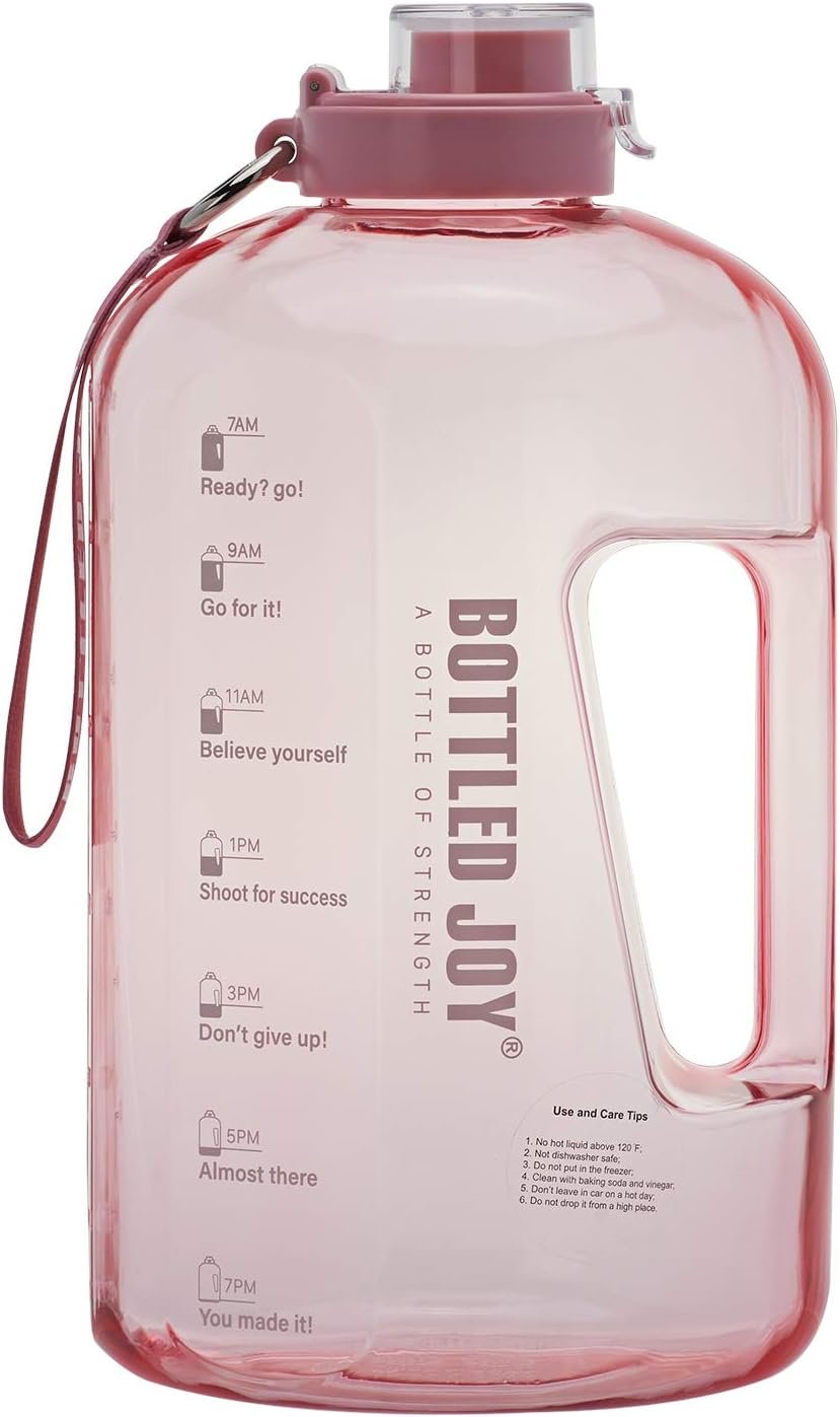 1 Gallon Water Jug with Flip-top Lid&Handle Strap, Leak-proof BPA Free Reusable Time Marker Reminder Large Capacity Water Bottle for Outdoor Sports Gym Hiking 128oz (Pink, 128 oz)