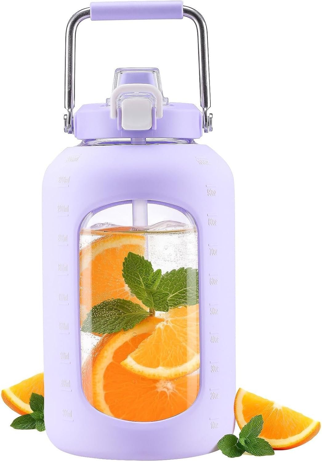 WINSA 100 oz Glass Water Bottles with Straw, 3 Liter Gallon Drinking Bottle with Handle, Large Glass Water Jug with Silicone Sleeve for Gym Sports,Wide Mouth,Purple