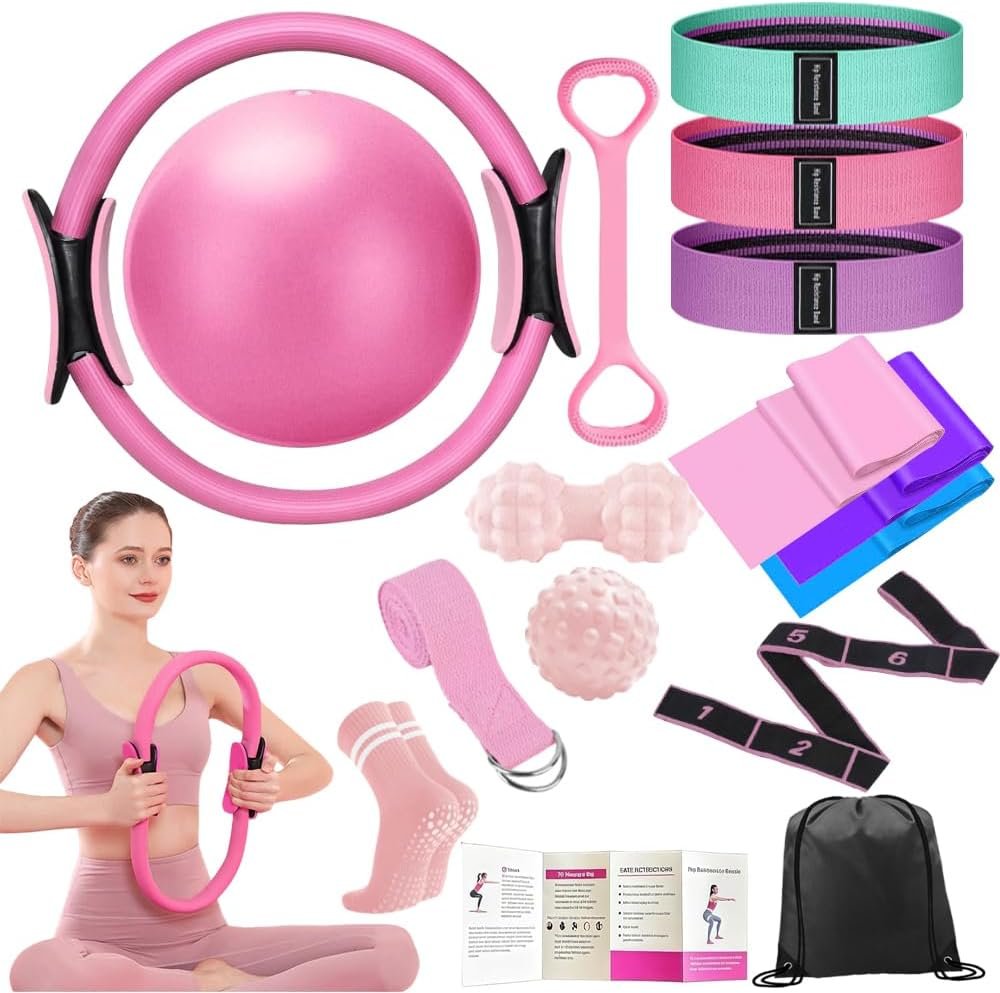 Pilates Ring Set with 14-Inch Magic Circle, Exercise Ball & 6 Resistance Bands – Complete Home Workout Equipment for Core Strength, Toning and Flexibility – Ideal Fitness Gift for Women and Men