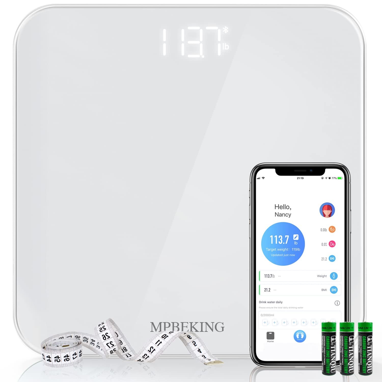 Scale for Body Weight, High Accuracy Bathroom Digital Scales, Bluetooth Weighing Scale, Unlimited Users, LCD Display, Round Corner Disign, Compact Size with Sturdy Tempered Glass 400lb- White