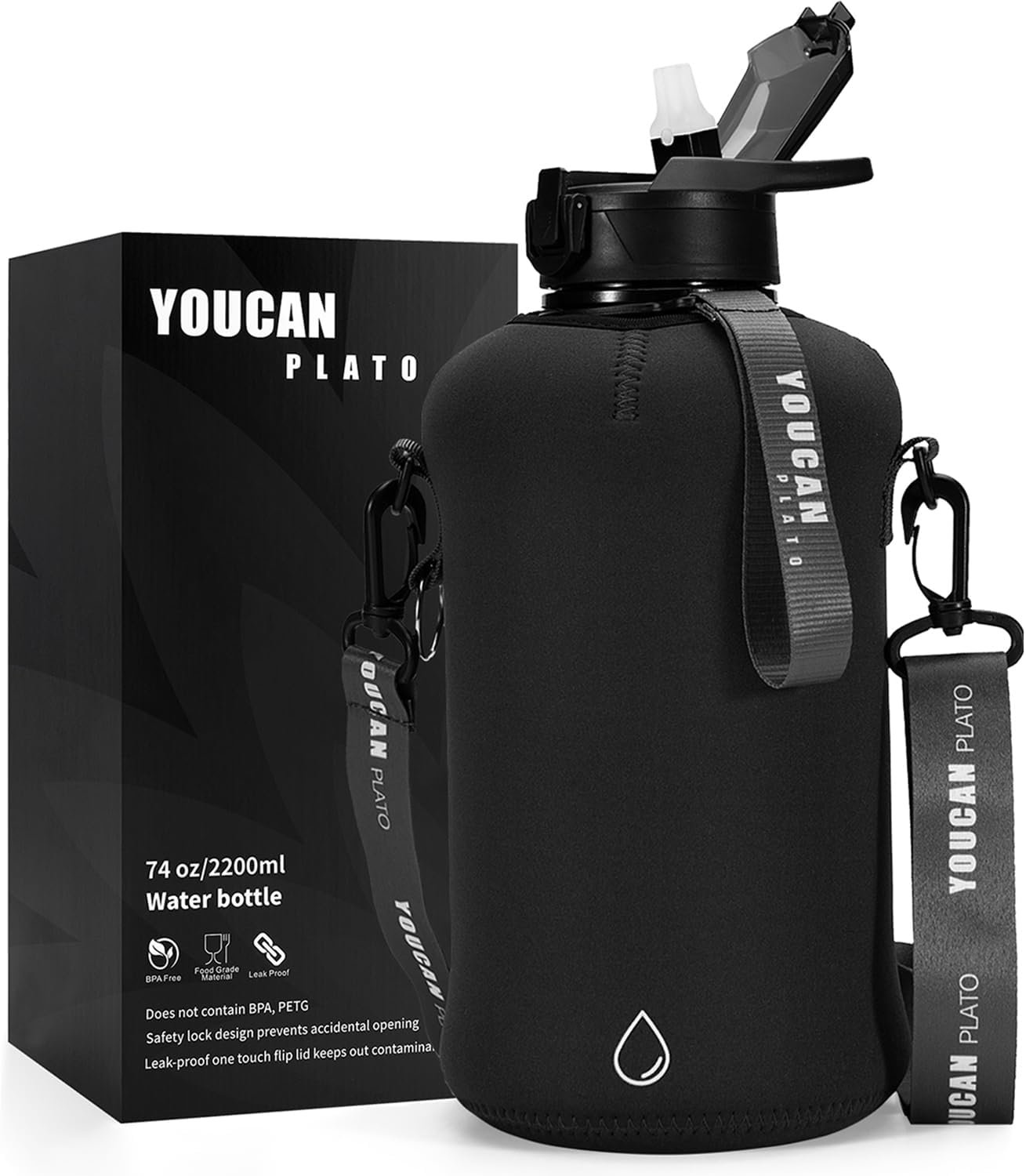 74 oz Half Gallon Water Bottle with Sleeve-Large Water Bottle -Big Gym Water Bottle for Man or Women with Straw- Gallon Water Jug with Handle -BPA Free- Leakproof, Workout bottle,Black | with Sleeve, Large Water Bottle, Big Gym Water Bottle, for Man or Women, with Straw, Gallon Water Jug