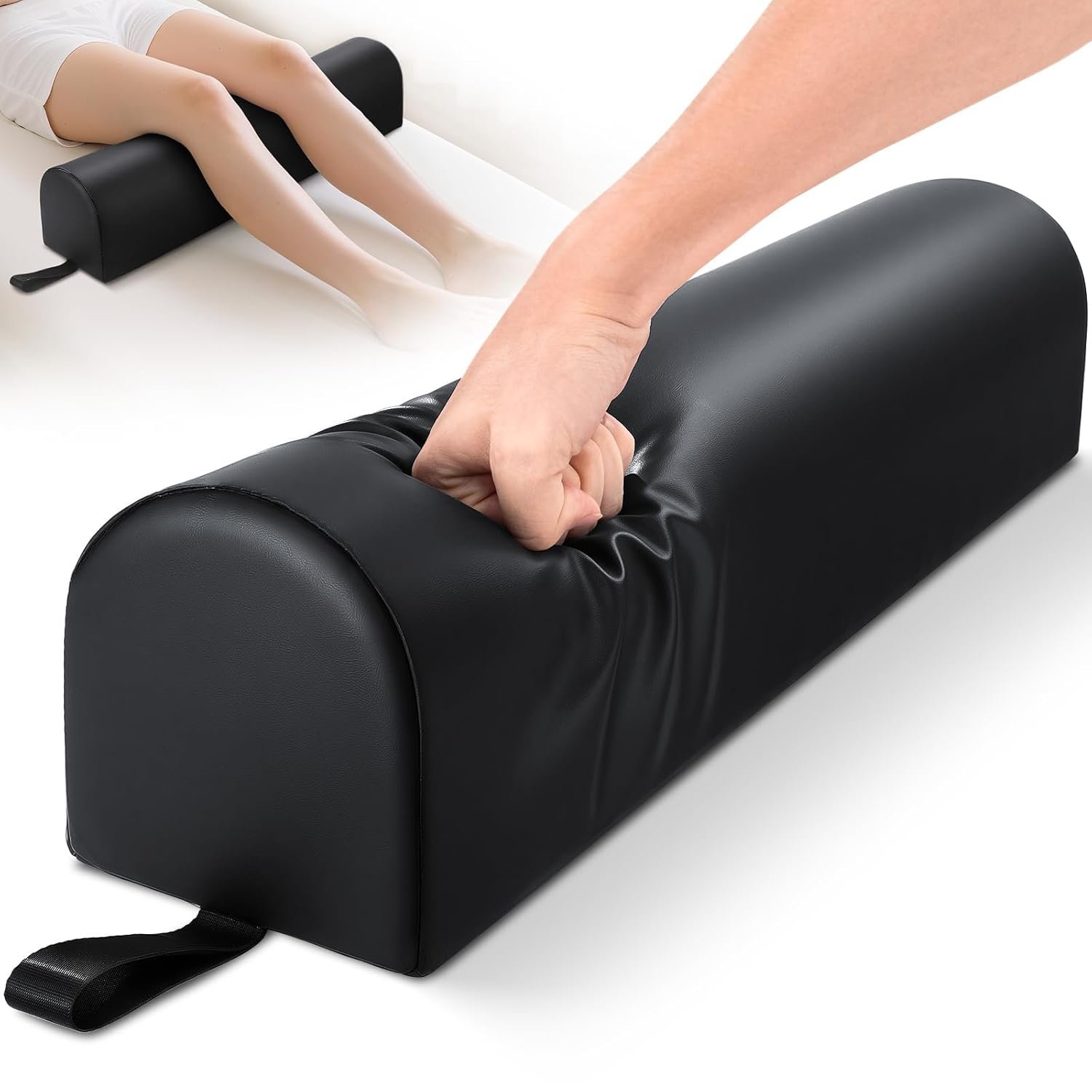 Noverlife 3/4 Round Massage Table Bolster Pillow with Strap Handle, 26 x 6 x 6 In PU Leather Massage Bolster for Under Legs, Cozy Positioning Support Pad for Knee Neck Back Pain Relief – Black