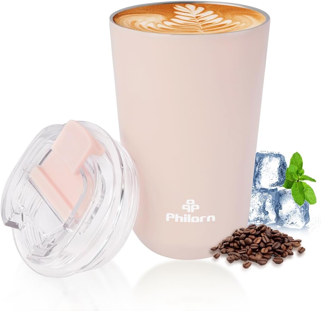 PHILORN Pink Coffee Tumbler – 12 OZ Insulated Coffee Mug With Lid, Leak Proof Thermo Cup for Hot and Iced Drinks, Stainless Steel Vacuum Pink Cup with Double Wall