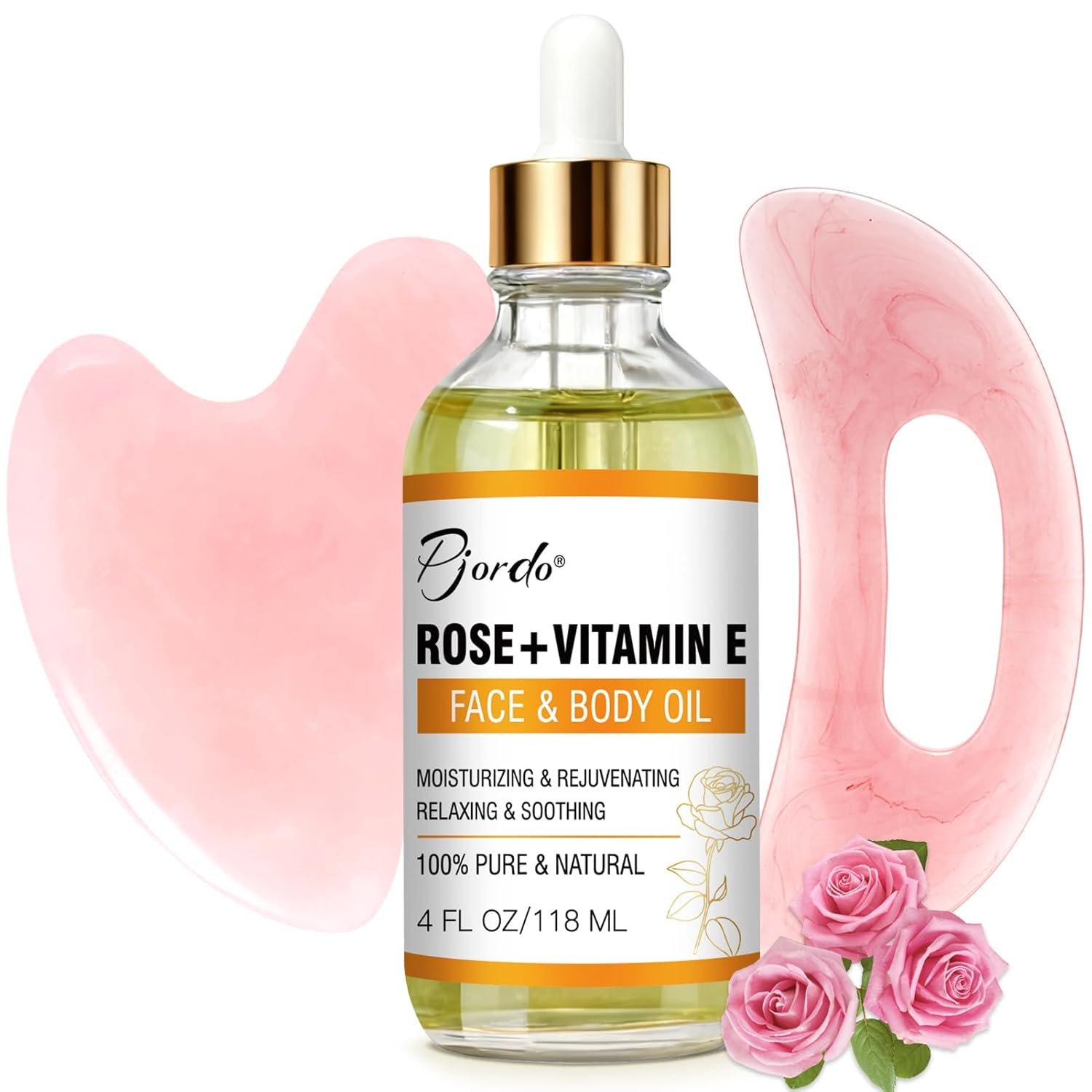 Pjordo Vitamin E Rose Oil & Gua Sha Massage Tools Set, Gua Sha Oil for Face & Body, Organic Vitamin E Oil for Moisturizing and Hydrating, Anti Aging, Self Skin Care Gifts for Her Women