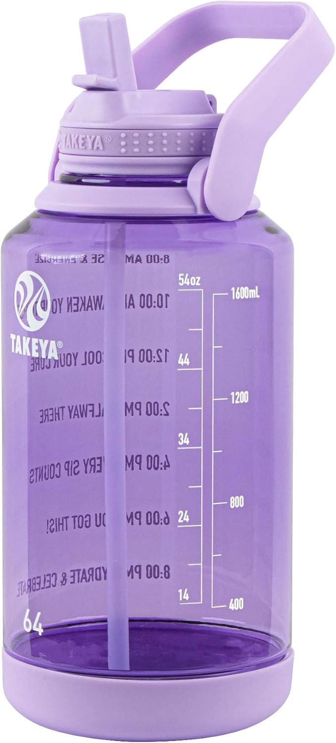 Takeya Motivational Water Bottle with Straw Lid and Time Marker (64 oz, Vivacity Purple) – Leakproof, BPA Free Water Bottle for Daily Intake Tracking