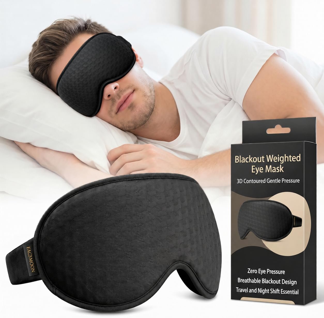 Blackout Weighted Eye Mask for Sleeping: 3D Contoured Gentle-Pressure Sleep Mask for Men & Women – Airplane Travel & Night Shift Essentials, Zero Eye Pressure, Breathable Blindfold, Black
