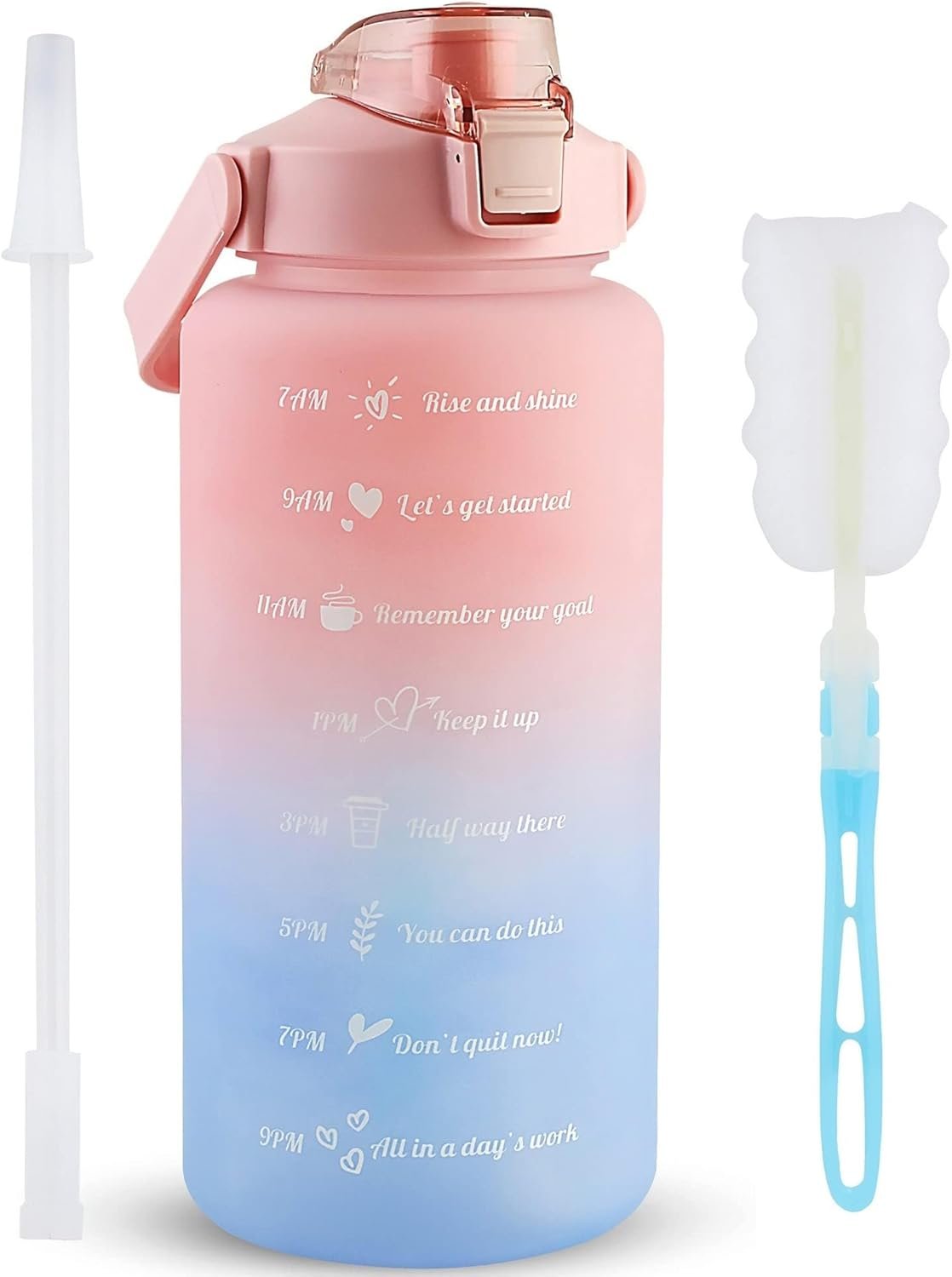 Mint Berry 64 OZ/Half Gallon Water Bottle Jug, Motivational Time Marker Straw with Brush Leakproof Reusable, Drink Enough Daily for Fitness, Gym, Outdoor Sports Activity (Pink Blue) (MBP-001)