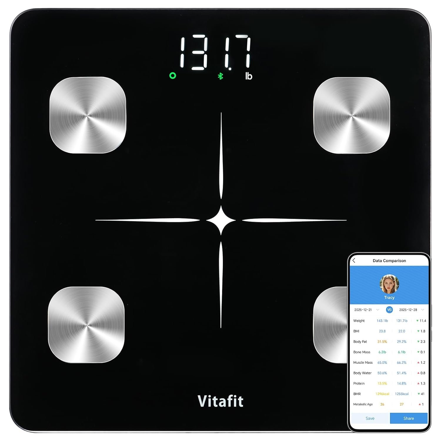 Vitafit Smart Scale for Body Weight, High Accuracy 0.1lb by Our Professional Factory Since 2001, Weight Scale App Sync 13 Body Composition with BMI, Body Fat and Muscle, 400lb, LED, Star Light