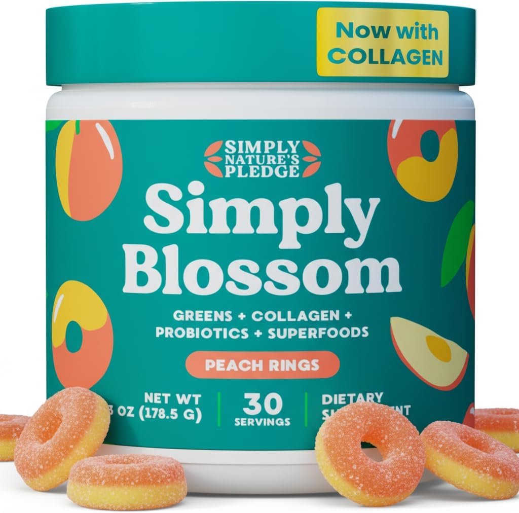 Simply Blossom Nutrition Daily Greens & Superfood Powder + Collagen + Probiotics for Women’s Digestive Health & Bloating Relief. Help Your Health Bloom – 30 Day Supply – Peach Rings