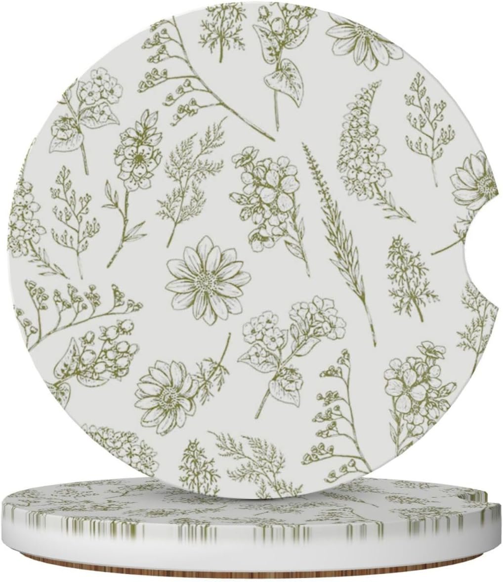 Vintage Green Flower Car Cup Coaster 2 Pack Ceramic Absorbent Car Coasters 2.56 Inch Non-Slip Car Cup Holder Interior Car Accessories for Women Girls Cup Mats with Cork Base and Finger Notch