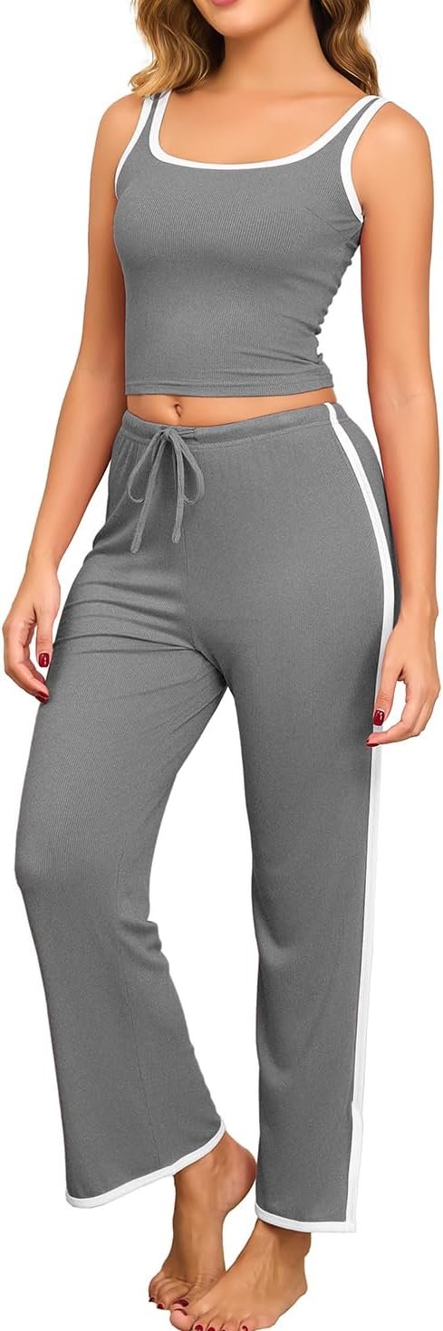 YYA Sleeveless Pajamas for Women set Ribbed Pajama Tank&Pants Set Color Block 2 Piece Loungewear Set