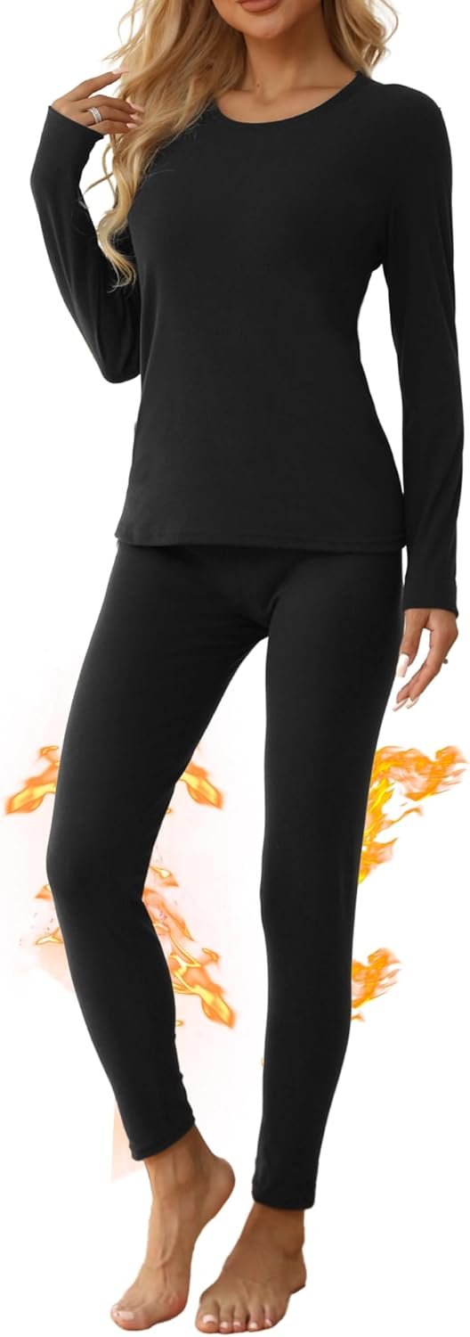 TRENDOUX Thermal Underwear for Women: Wool Long Johns Set with Fleece, Warm Base Layer Stretchy Top and Bottom Cold Weather