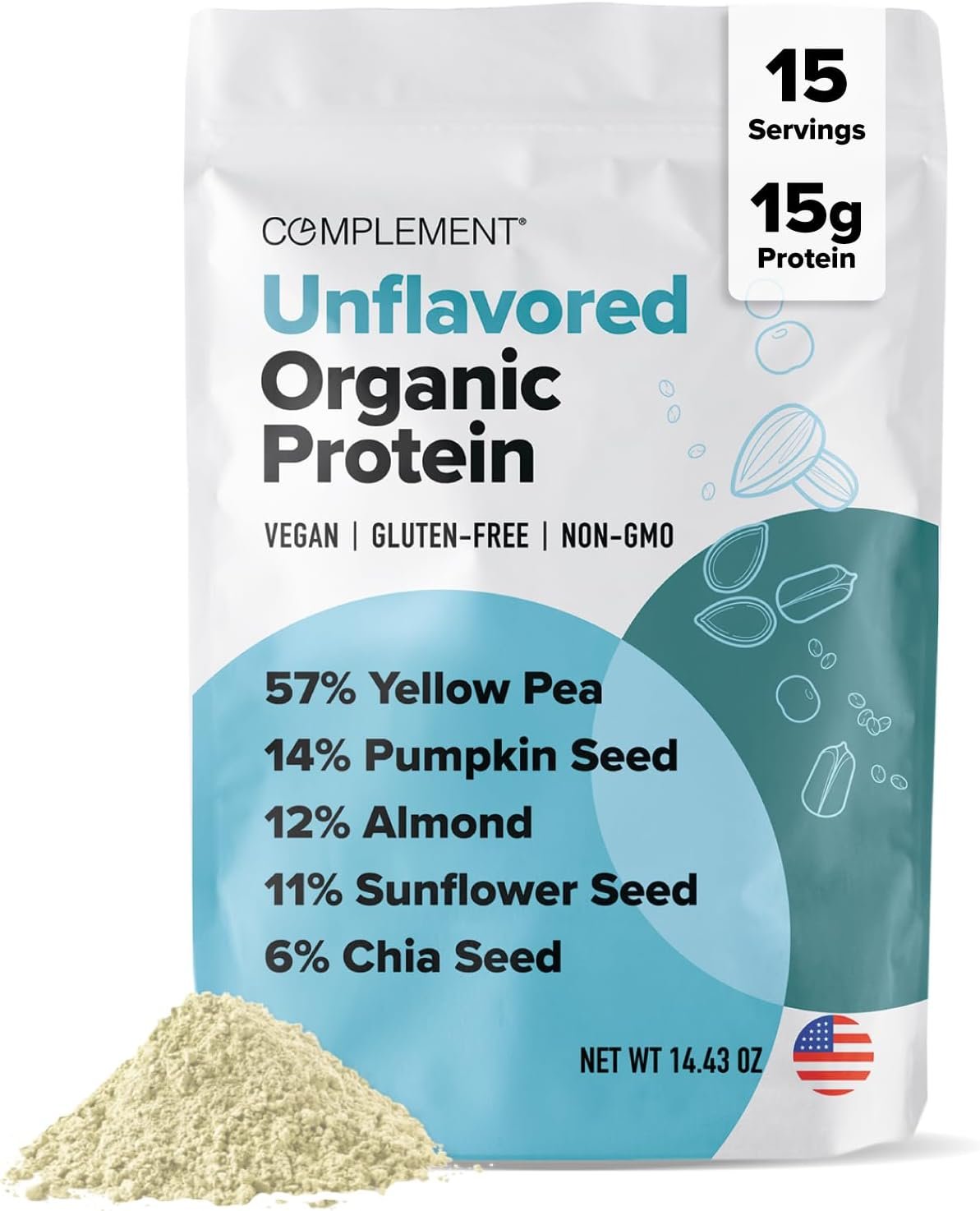 Complement Vegan Unflavored Protein Powder – Organic Protein Low Carb, Low Calorie, Sugar Free, Soy Free, Non-GMO, Gluten Free – 15g Yellow Pea, Pumpkin Seed Plant-Based Protein (15 Servings)