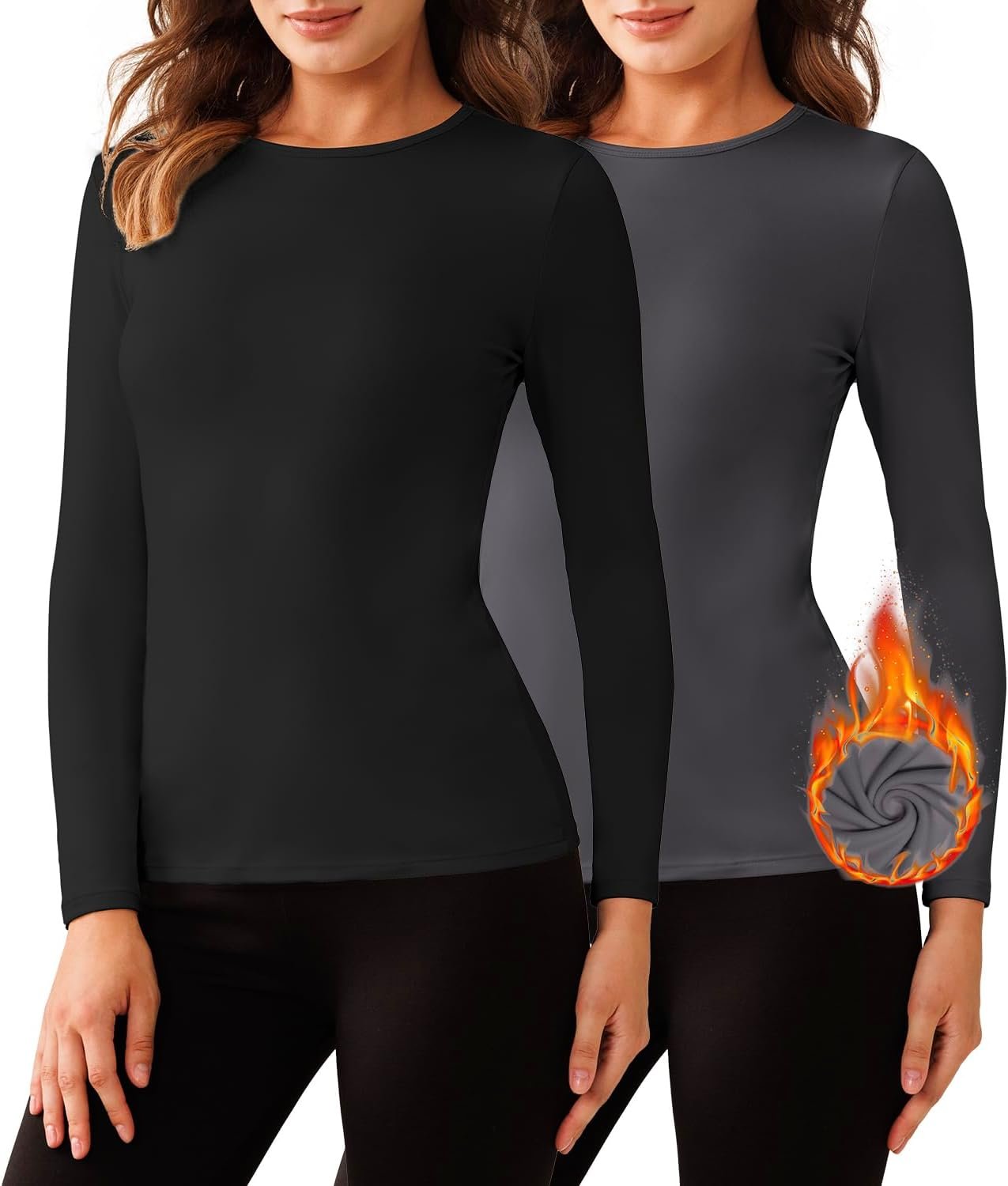 Bonneuitbebe Women’s 2 Pack Long Sleeve Thermal Shirts Soft Crewneck Undershirt Tops Lightweight Base Layer Cold Weather