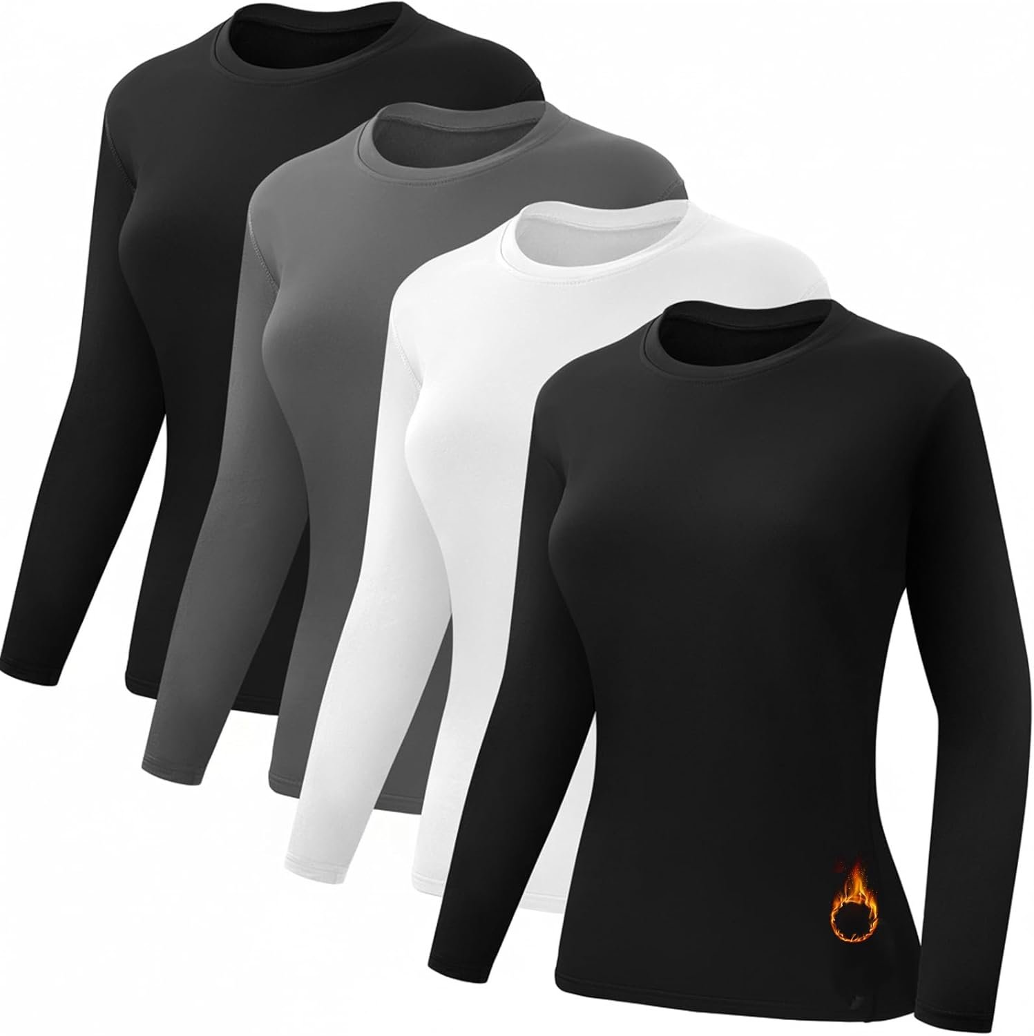 Coume 4 Pack Women’s Thermal Shirts Fleece Lined Compression Crew Neck Long Sleeve Base Layer Tops Cold Weather
