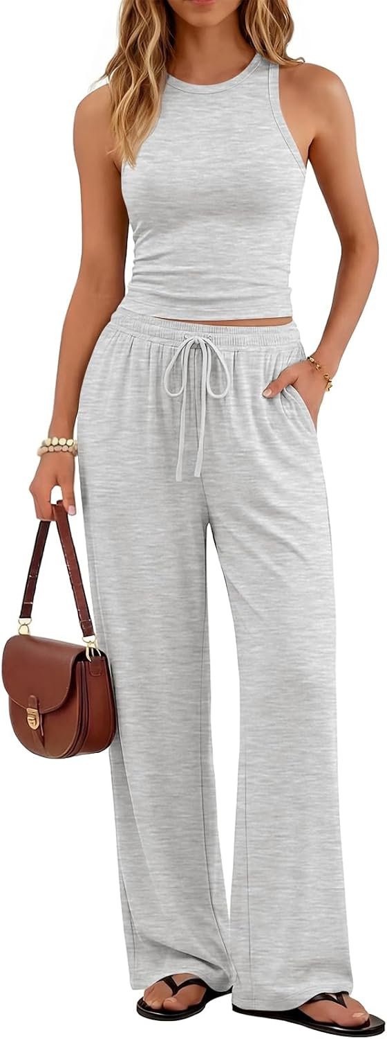 Trendy Queen Women’s 2 Piece Summer Lounge Sets Butter Soft Tank Top & High Waisted Wide Leg Pants with Pockets