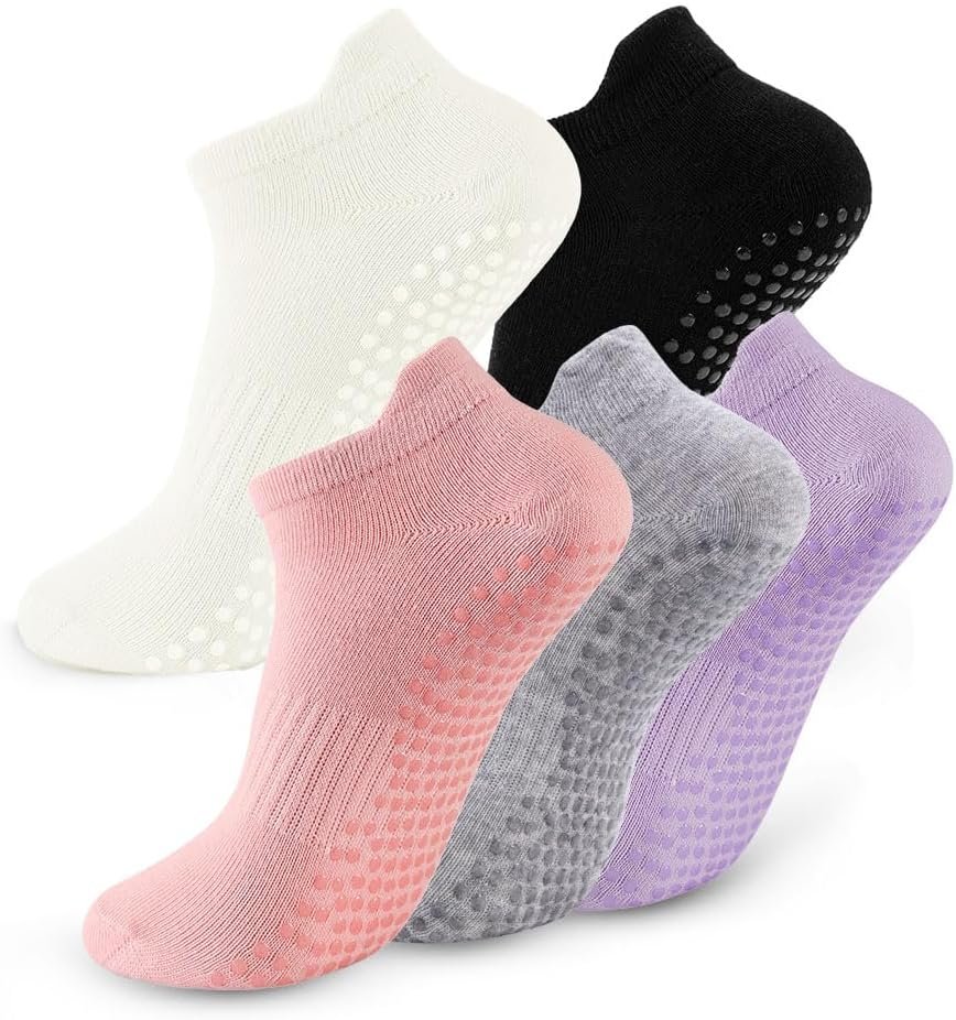 5 Pairs Pilates Socks with Grips for Women Non Slip Grip Yoga Crew Socks for Barre Hospital Barefoot Workout