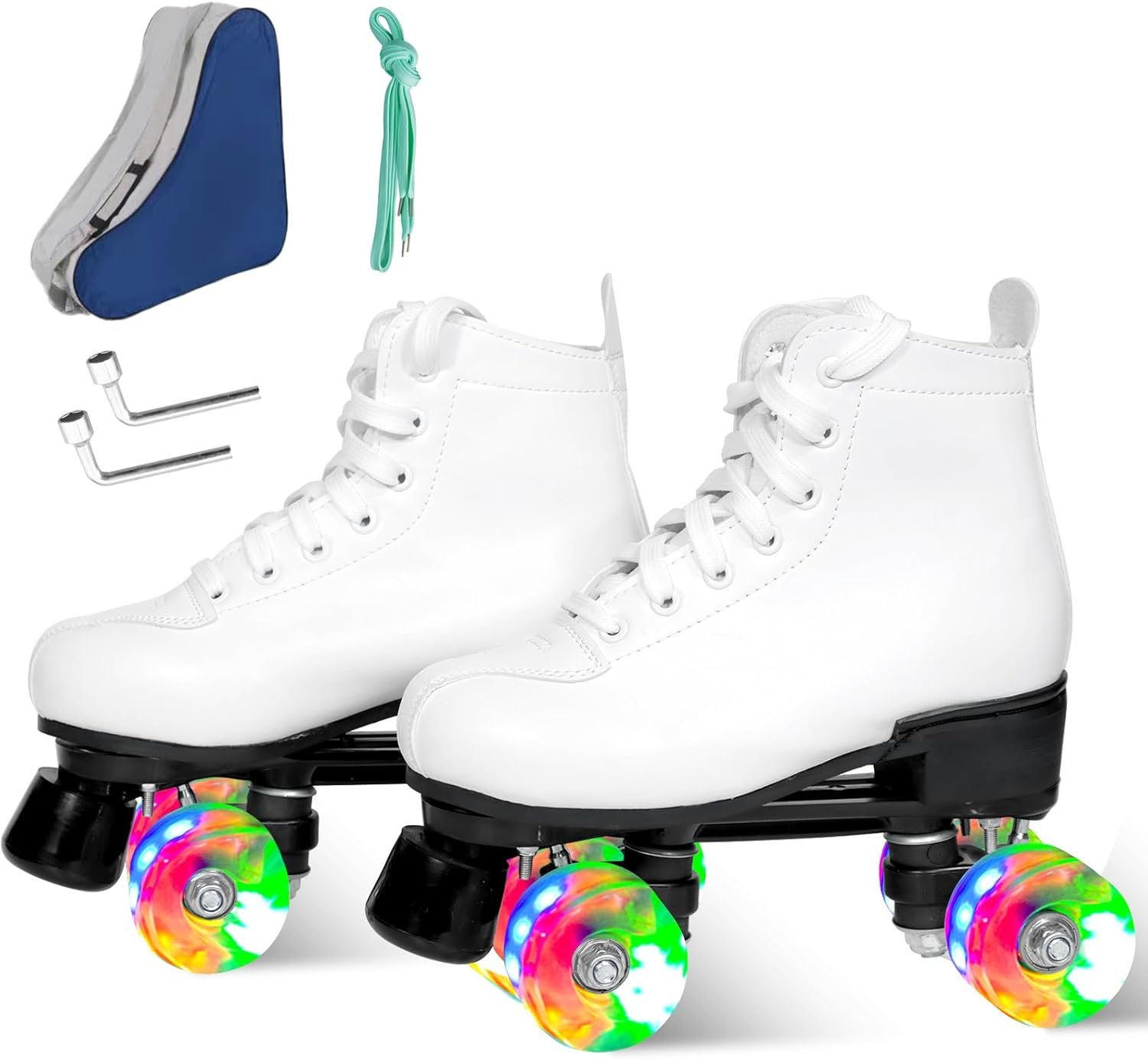 Wiwiy Roller Derby Skates for Women and Men, White Roller Skates for Outdoor and Indoor, Adjustable Four Shiny Wheel (Women’s 6.5 / Men’s 5.5)