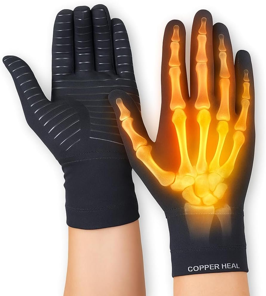 COPPER HEAL Copper Compression Gloves (PAIR) for Men and Women – Highest Copper Infused FULL FINGER Compression Gloves Hand