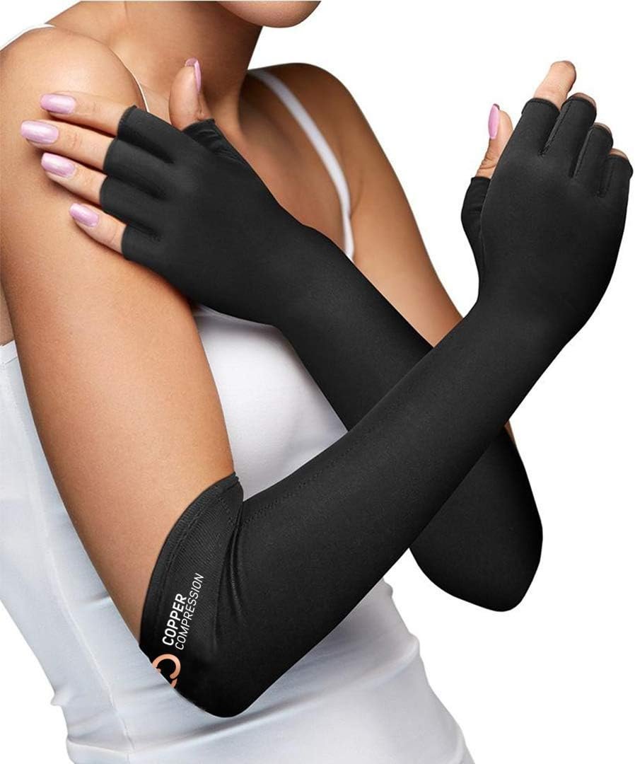Copper Compression Long Arthritis Pain Relief Gloves – Copper Infused Orthopedic Fingerless Hand Brace for Women, Men – Carpal Tunnel, Computer Typing, RSI, Support Hands, Wrist, Arms – 1 Pair – XL