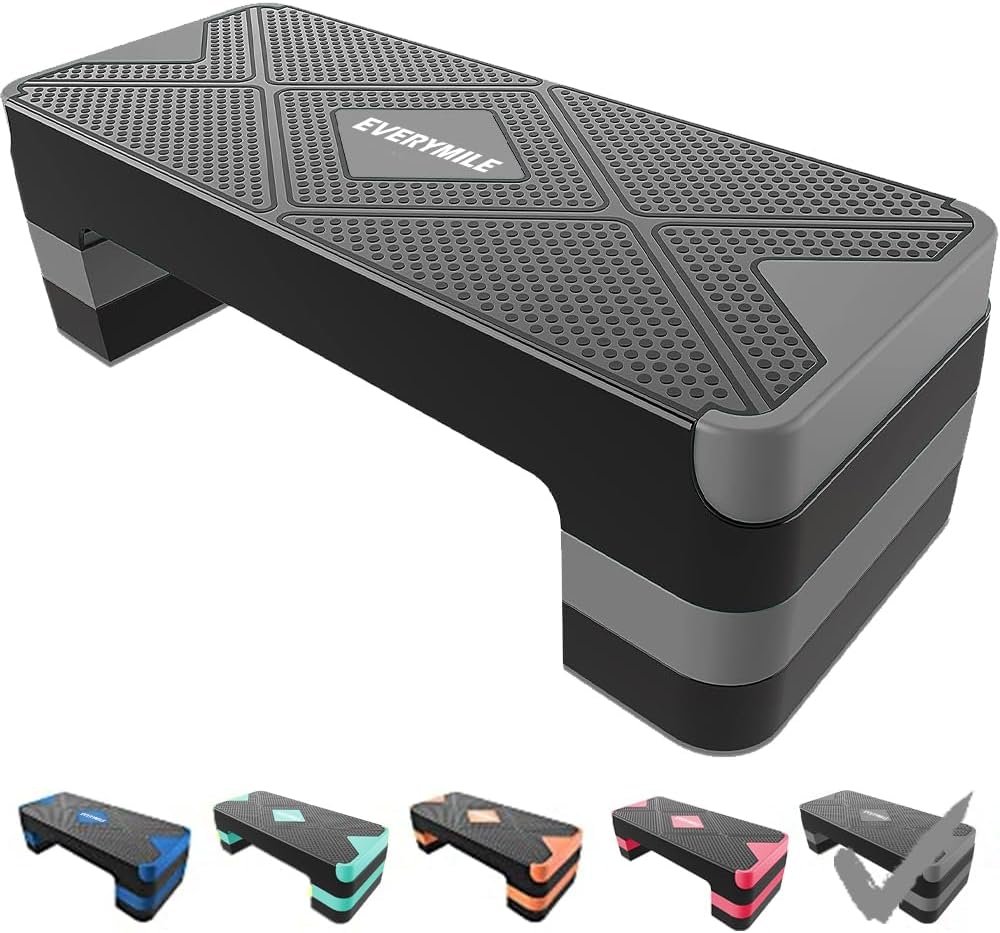 EVERYMILE Aerobic Exercise Step, Adjustable Aerobic Stepper for Exercise, Workout Step Platform, Step Up Box, 26.5″ Step Deck with 4” 6” 8” Adjustable Height Risers, Women Home Gym Fitness