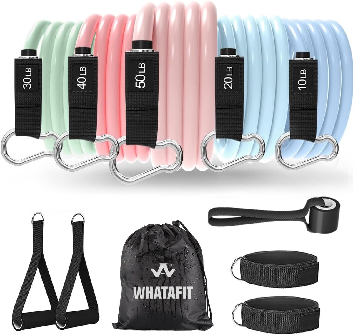 WHATAFIT Resistance Bands, Exercise Bands, Workout Bands with Handles, Door Anchor and Ankle Straps, 5 Resistance Levels Fitness Bands for Strength Training, Physical Therapy, and Home Gym Equipment