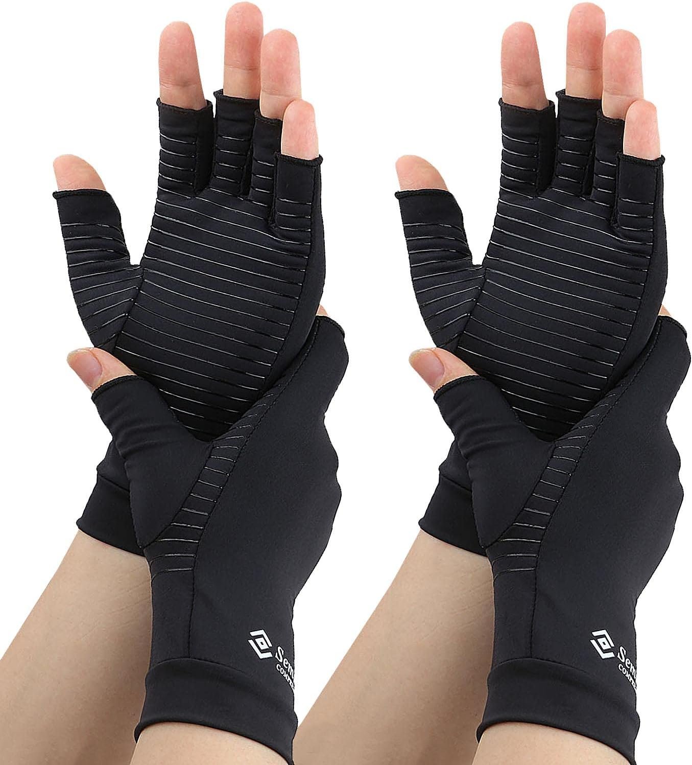 2 Pairs Compression Gloves for Women and Men, Fingerless Copper Arthritis Gloves for Rheumatoid Arthritis Osteoarthritis Carpal Tunnel, Hand Pain Relief and Support, Open Finger (Black, Medium)