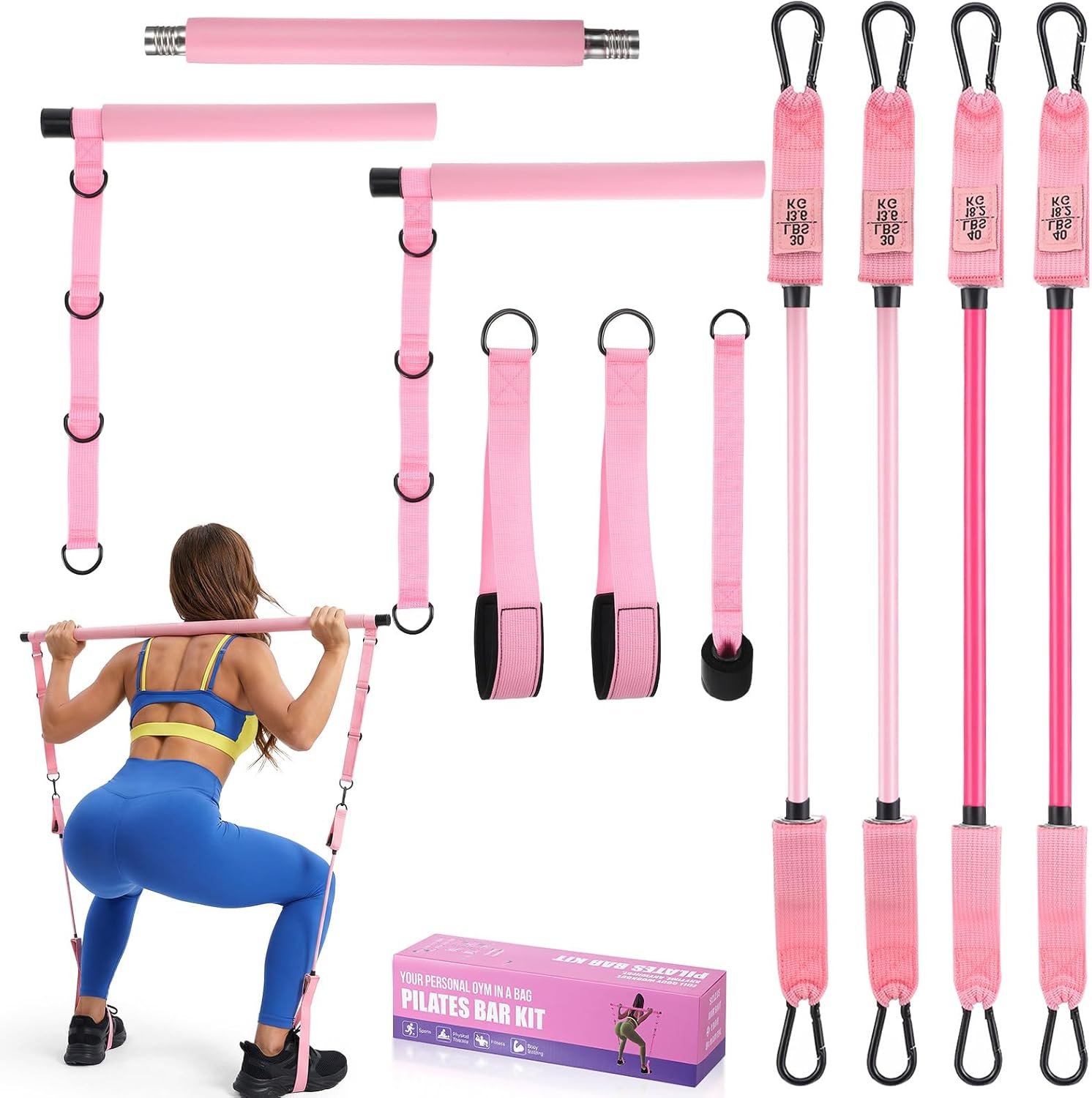 Pilates Bar Kit with Resistance Bands Multifunctional Pilates Bar for Women Men Pilate Equipment Pilate Workout Equipment for Legs Hip Waist Arm Adjustable 3-Section PilateBar Kit for Gym Yoga