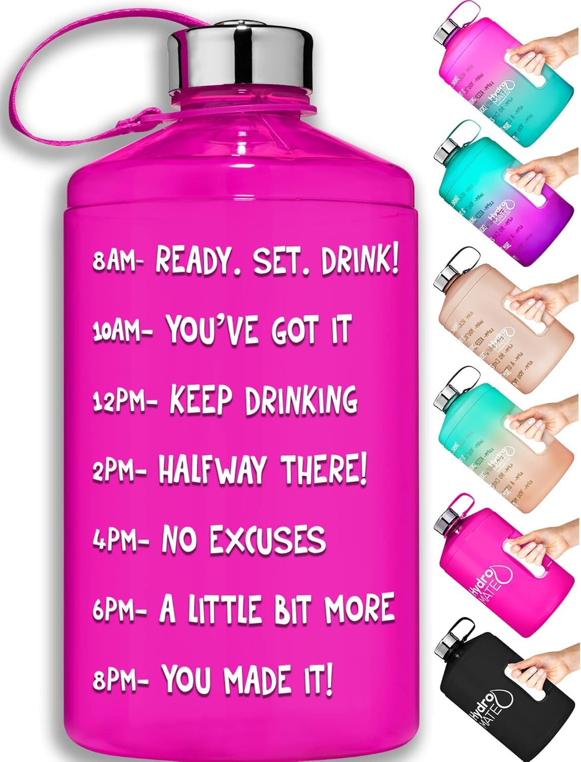 NatureWorks HydroMATE 1/2 Gallon Water Bottle with Times to Drink BPA Free Leak Proof Reusable Jug with Handle 64 oz (Purple Aqua)
