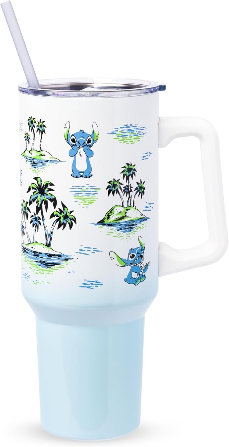 Silver Buffalo Disney Lilo and Stitch Vintage Sketch Palm Trees and Flowers Double Walled Stainless Steel Tumbler with Handle and Straw, Fits in Standard Cup Holder, 40 Ounces