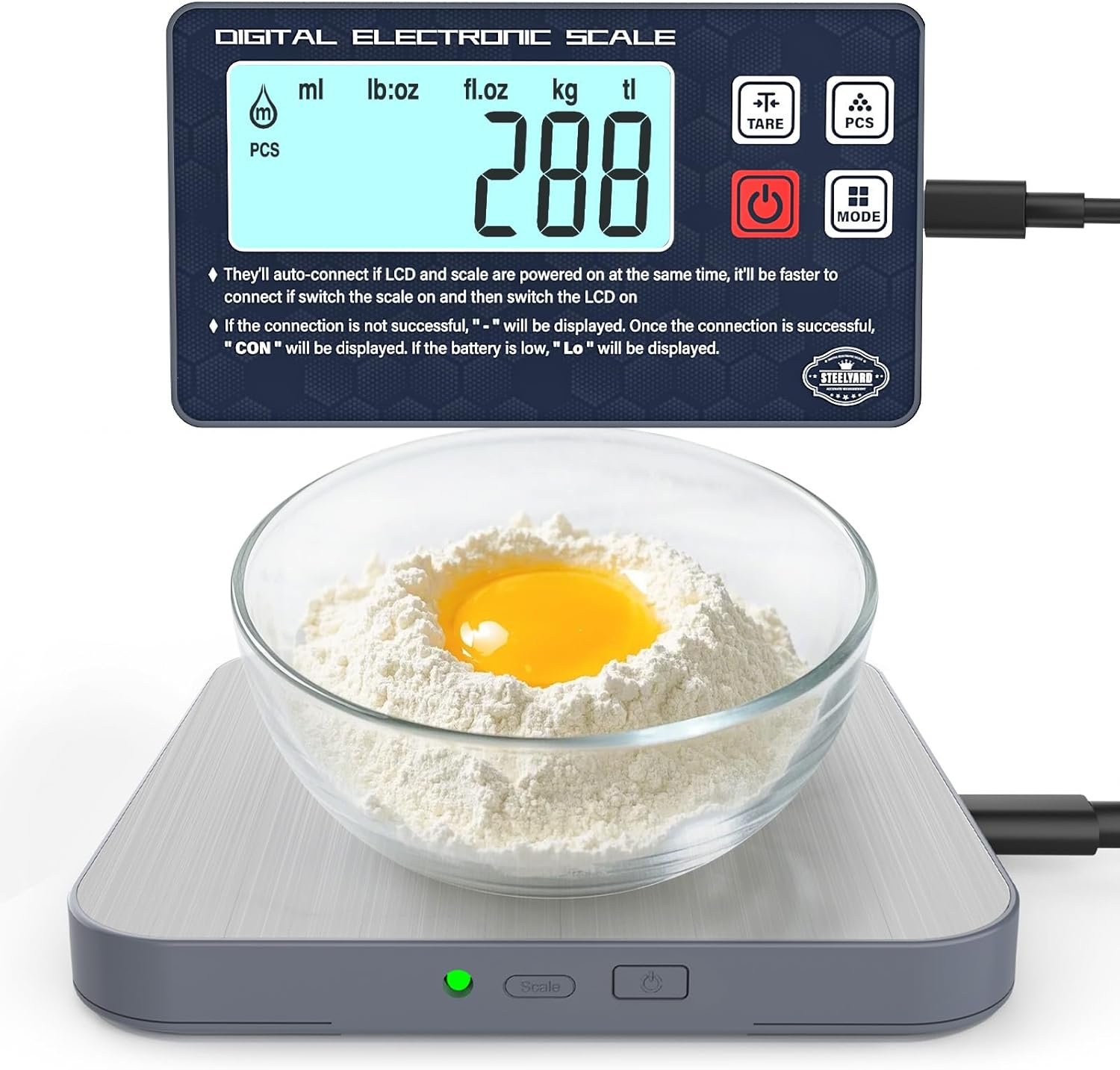 Rechargeable Digital Kitchen Food Scale – Detachable Display Electronic Weight Scale for Bread Making & Coffee Brewing, 304 Stainless Steel Platform, Backlit LCD, Count Mode, Wall-Mount & Tilt Stand