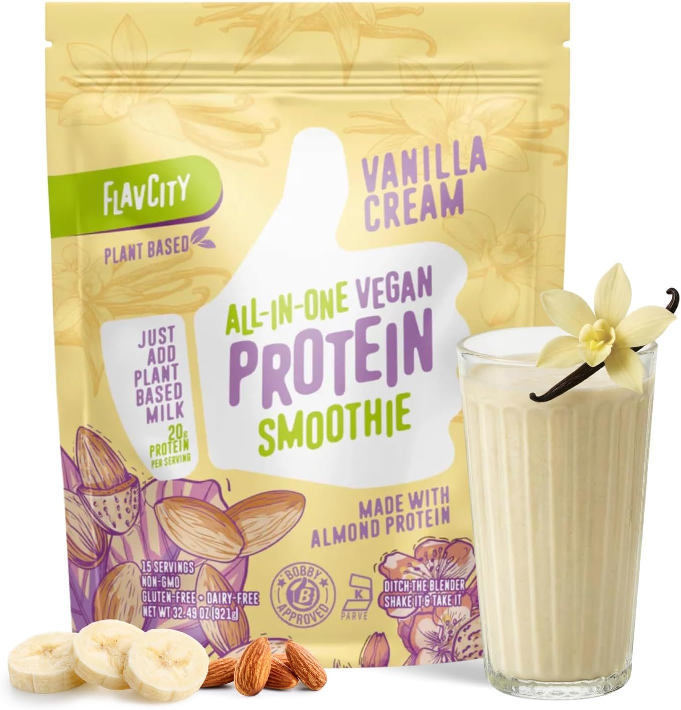 FlavCity Vegan Almond Protein Shake Powder, Vanilla Cream + Reishi & Cordyceps Mushrooms – Focus, Skin, Hair & Joint Support – Organic Fruit All in One Smoothie On-the-Go, 20 Servings