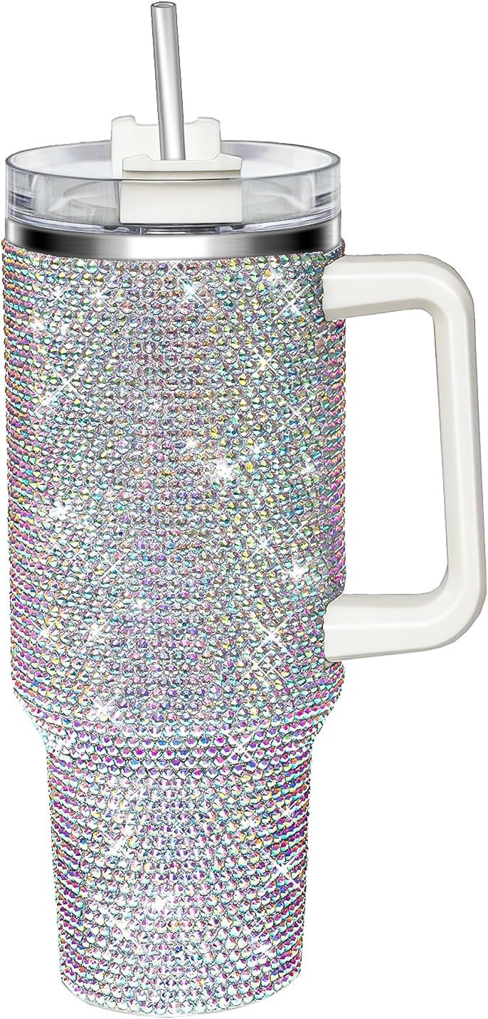 HWISDMIG 40oz Tumbler with Handle-Glitter Rhinestones Tumbler Bling Cups Stainless Steel Water Bottle Diamond Studded Tumbler for Women-Birthday Gifts for Women, Mom, Wife, Girlfriend (40 oz, Shiny)