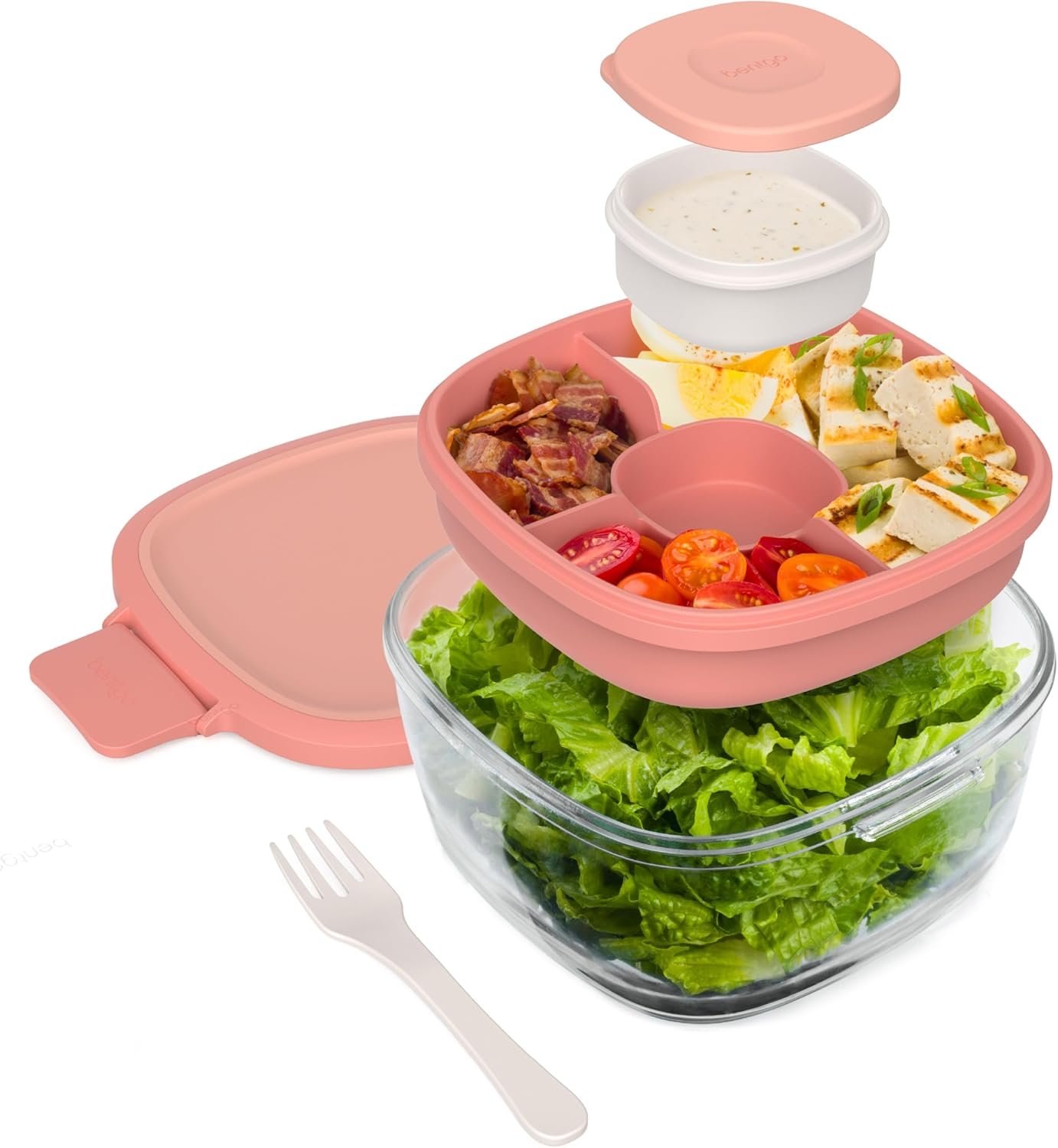 Bentgo Glass Salad Container – 7.6-Cup Salad Bowl with Airtight Lid, Leak-Proof Sauce Container, 4-Compartment Bento Tray & Reusable Fork – BPA-Free for Meal Prep, Office & More (Coral)
